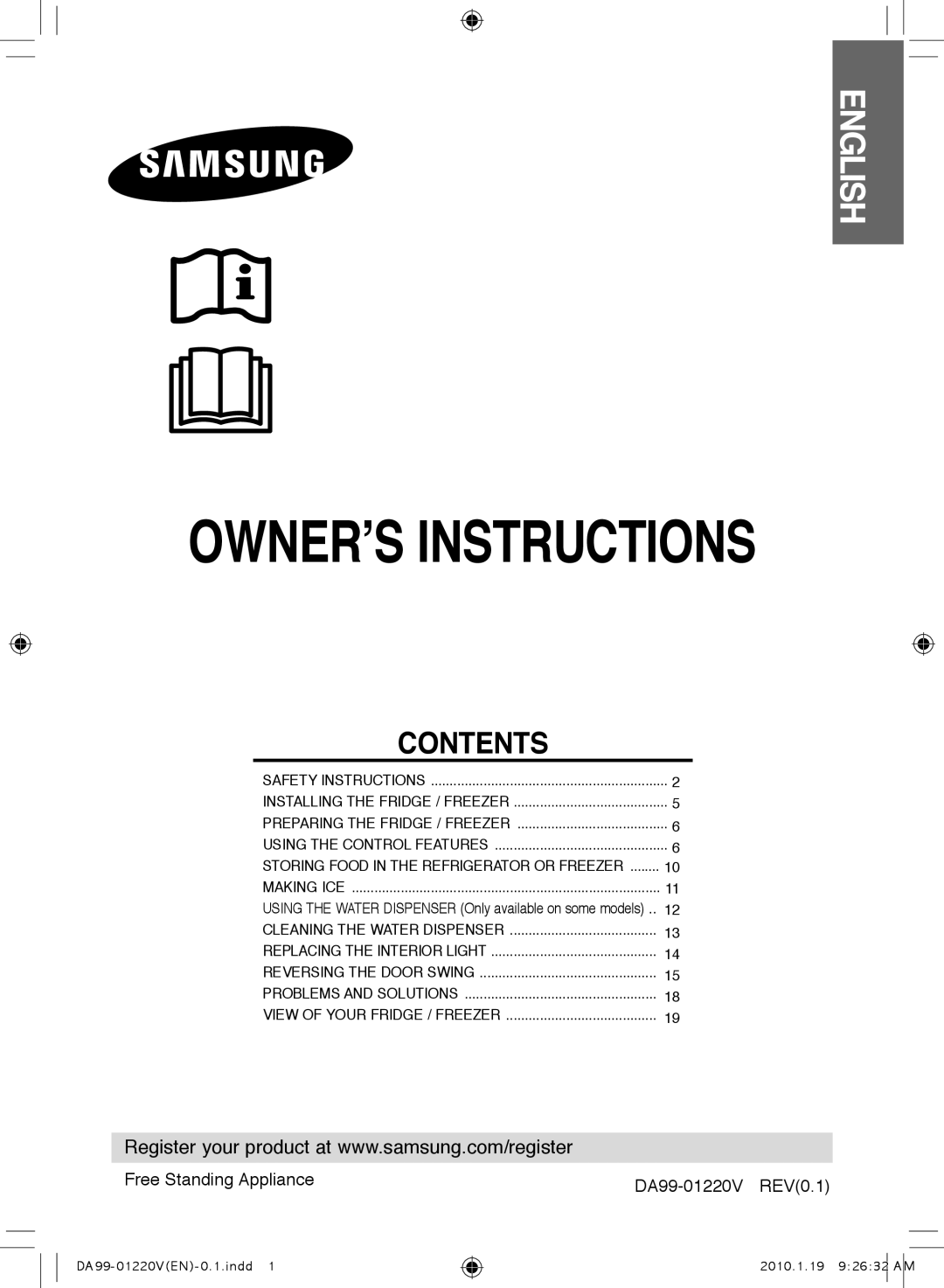 Samsung RL38SBSW1/XES, RL38SBPS1/FAL, RL38SBSW1/FAL, RL38SBPS1/XES, RL38SBSW1/XEP manual OWNER’S Instructions, English 