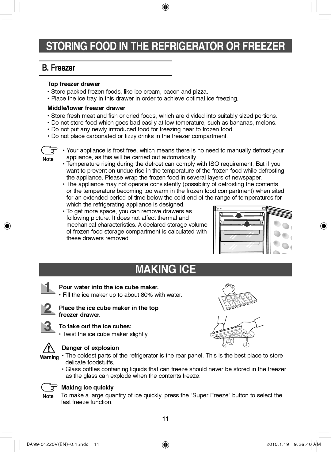 Samsung RL38SBSW1/XES, RL38SBPS1/FAL, RL38SBSW1/FAL, RL38SBPS1/XES, RL38SBSW1/XEP manual Making ICE, Freezer 