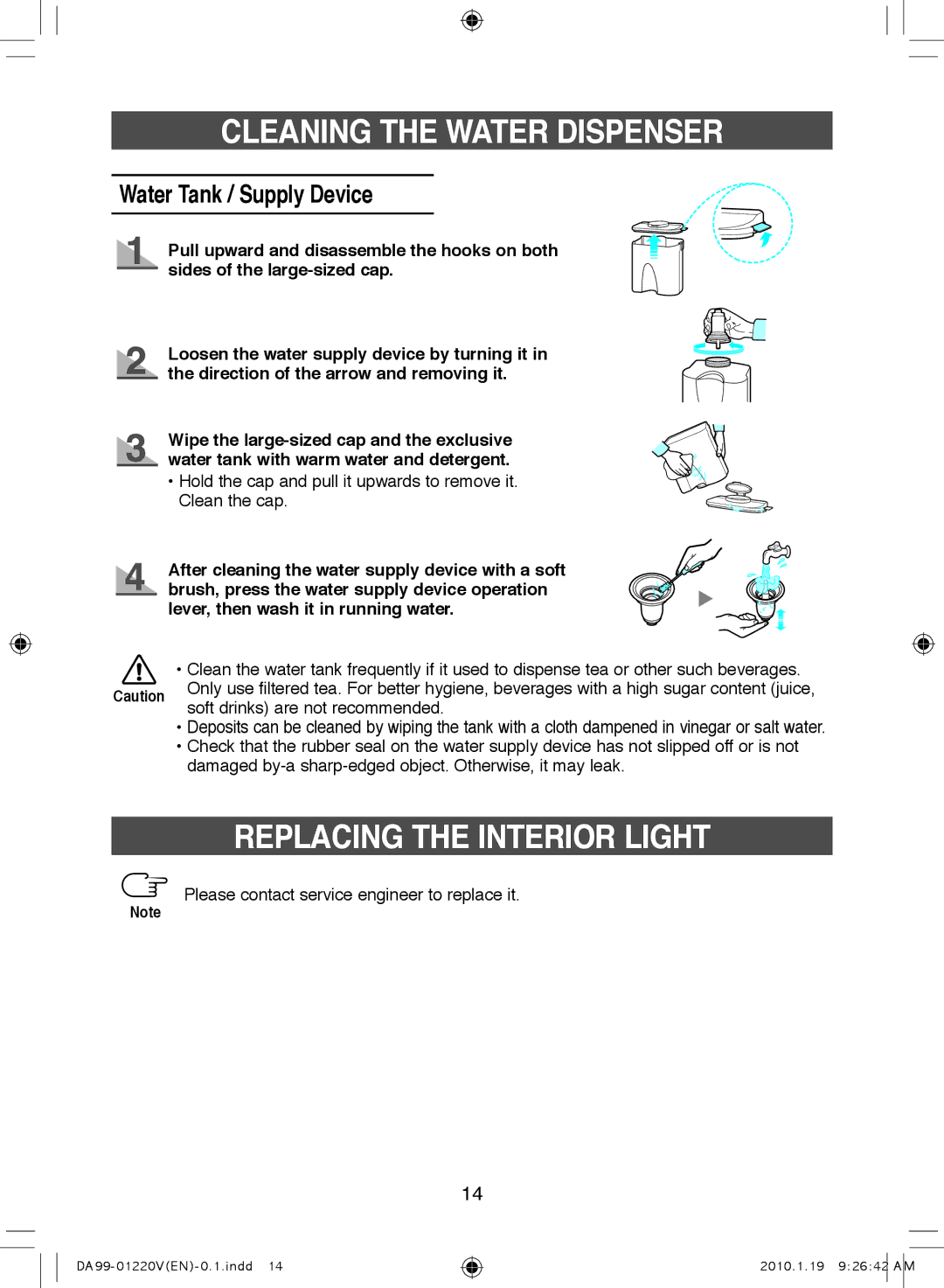 Samsung RL38SBSW1/XEP manual Replacing the Interior Light, Water Tank / Supply Device, Soft drinks are not recommended 