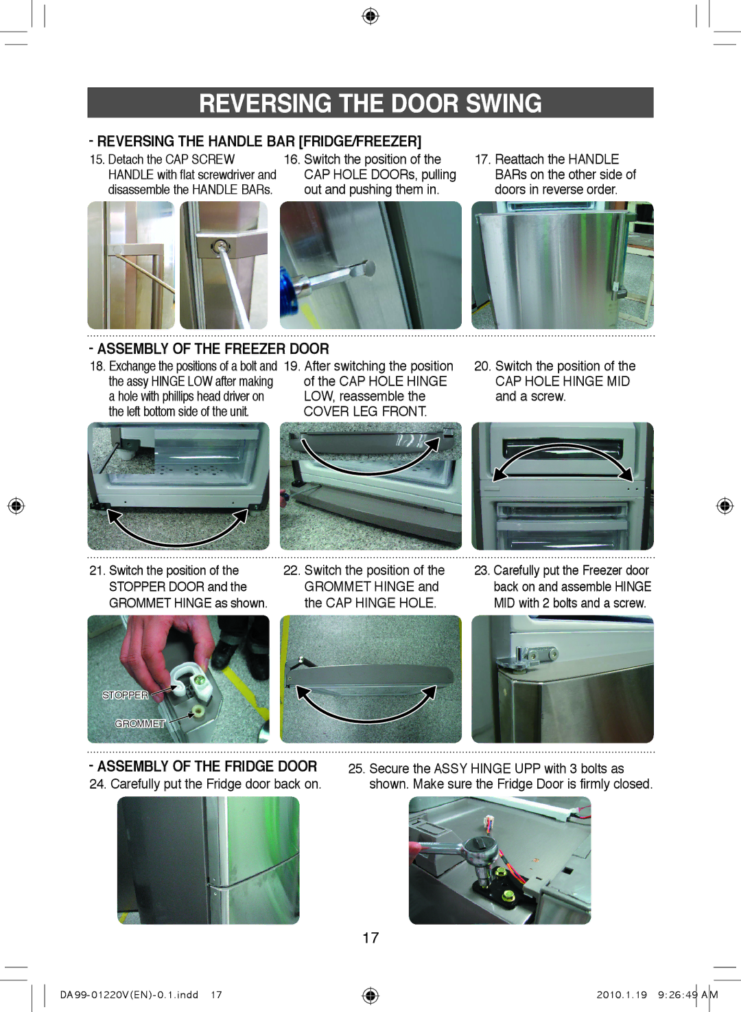 Samsung RL38SBSW1/FAL Detach the CAP Screw, LOW, reassemble, Left bottom side of the unit, Stopper Door Grommet Hinge 