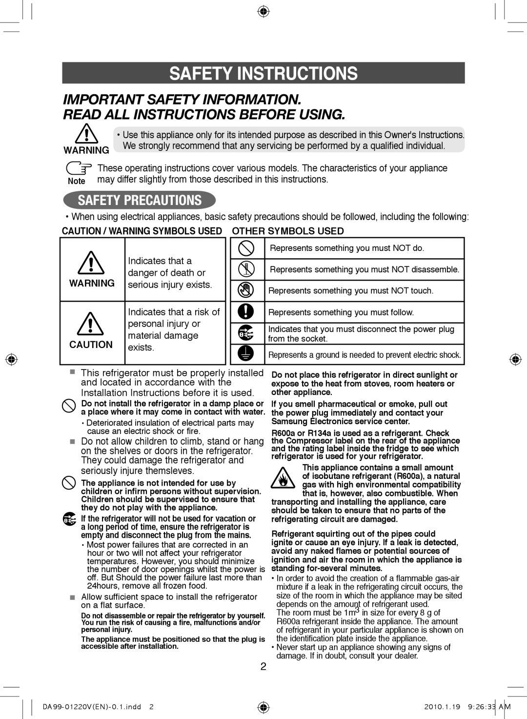 Samsung RL38SBSW1/FAL, RL38SBPS1/FAL Safety Instructions, Personal injury or Material damage Exists, Indicates that a risk 