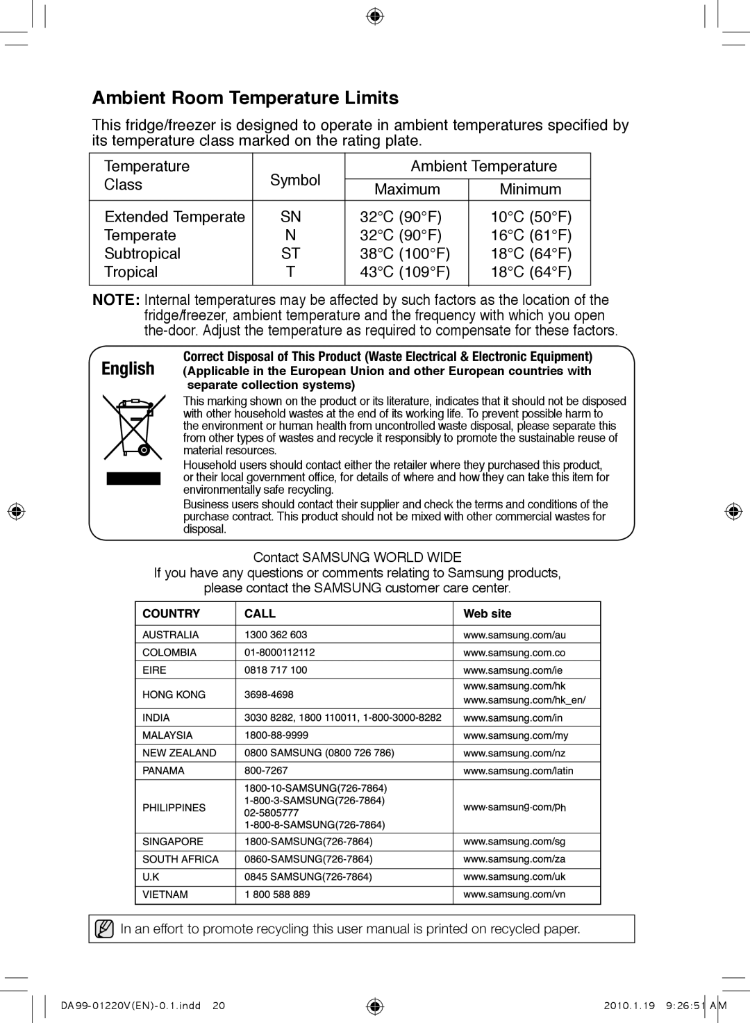 Samsung RL38SBPS1/FAL, RL38SBSW1/XES, RL38SBSW1/FAL, RL38SBPS1/XES, RL38SBSW1/XEP manual Ambient Room Temperature Limits 