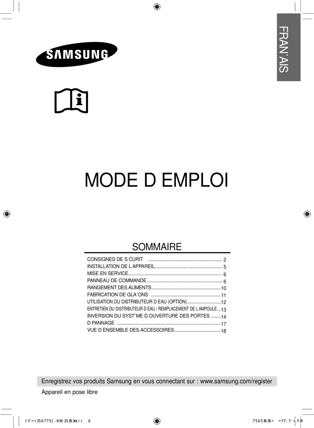 Samsung RL38SBSW1/XES, RL38SBPS1/FAL, RL38SBSW1/FAL, RL38SBPS1/XES, RL38SBSW1/XEP manual Français, Appareil en pose libre 