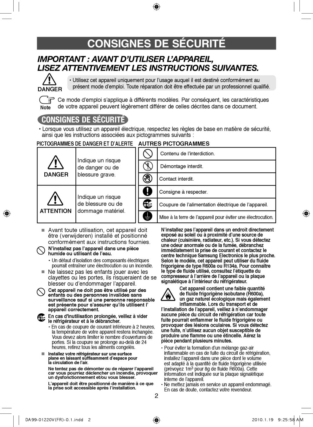 Samsung RL38SBSW1/FAL manual Consignes DE Sécurité, Indique un risque, De danger ou de, Blessure grave, De blessure ou de 