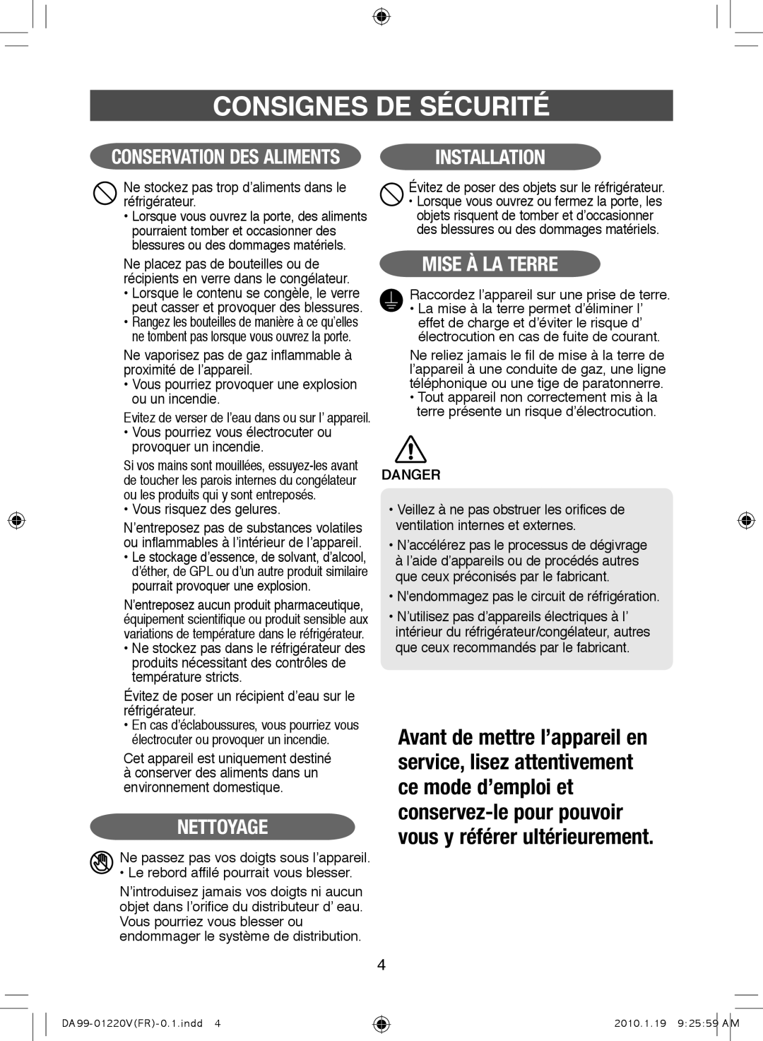 Samsung RL38SBSW1/XEP Ne stockez pas trop d’aliments dans le réfrigérateur, Raccordez l’appareil sur une prise de terre 