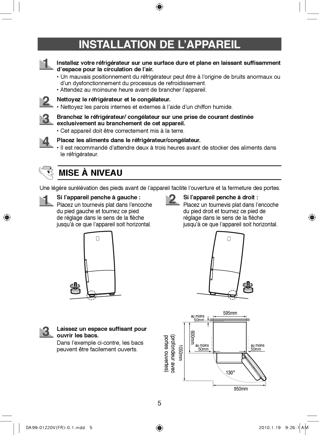 Samsung RL38SBPS1/FAL, RL38SBSW1/XES, RL38SBSW1/FAL, RL38SBPS1/XES, RL38SBSW1/XEP manual Installation DE L’APPAREIL 