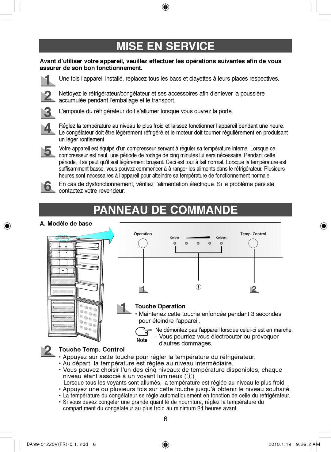 Samsung RL38SBSW1/XES manual Mise EN Service, Panneau DE Commande, Modèle de base Touche Operation, Touche Temp. Control 