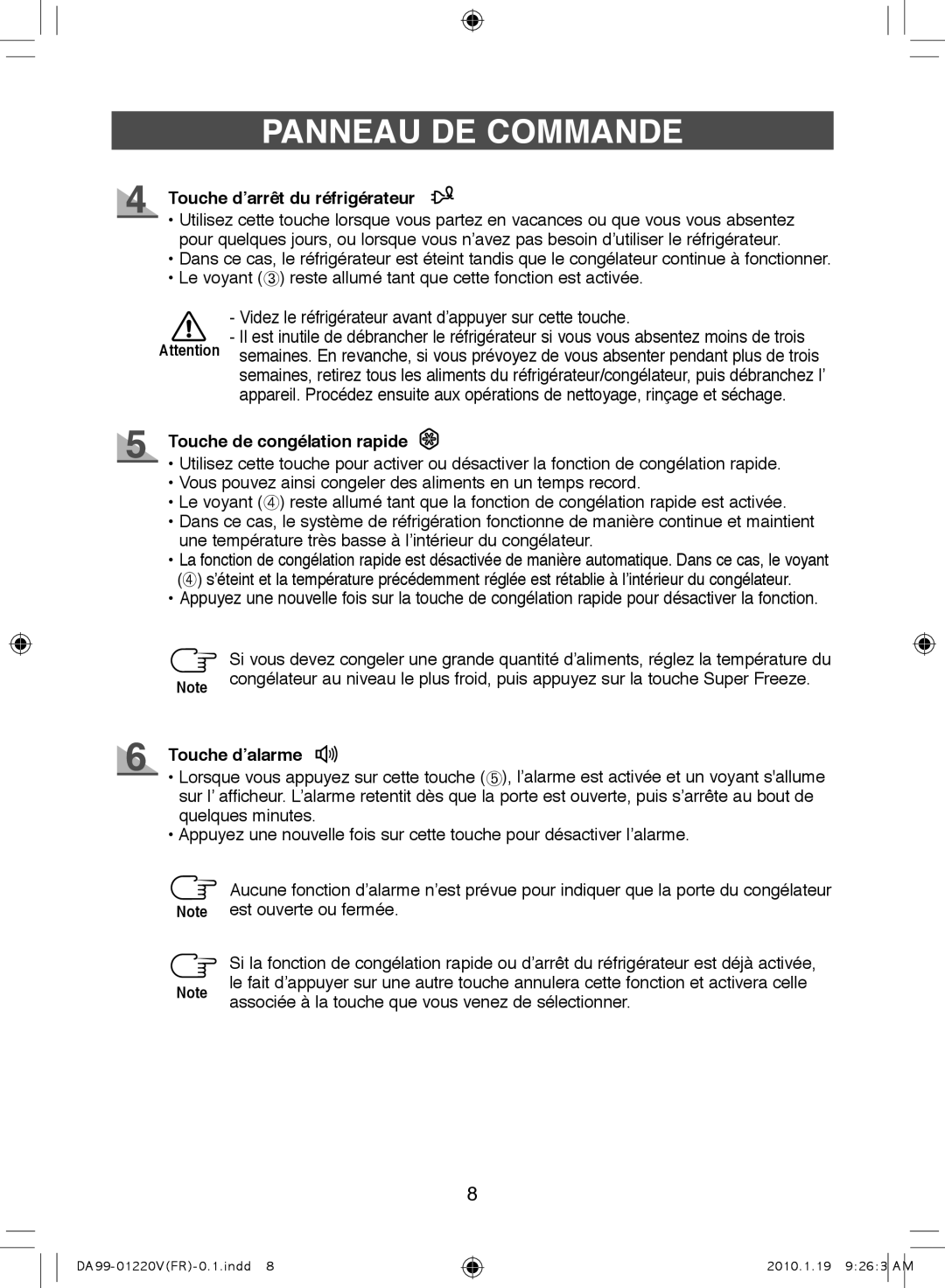 Samsung RL38SBPS1/XES, RL38SBPS1/FAL manual Touche d’arrêt du réfrigérateur, Touche de congélation rapide, Touche d’alarme 