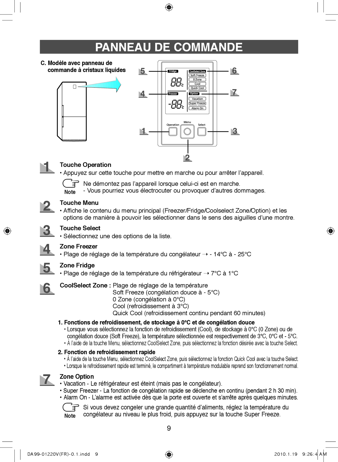 Samsung RL38SBSW1/XEP manual Touche Menu, Touche Select, Zone Freezer, Zone Fridge, Fonction de refroidissement rapide 