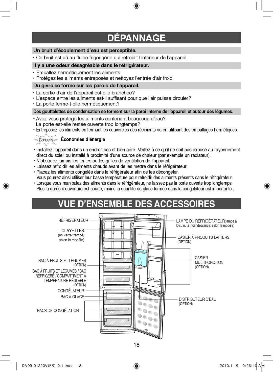 Samsung RL38SBPS1/XES, RL38SBPS1/FAL manual VUE D’ENSEMBLE DES Accessoires, Un bruit d’écoulement d’eau est perceptible 