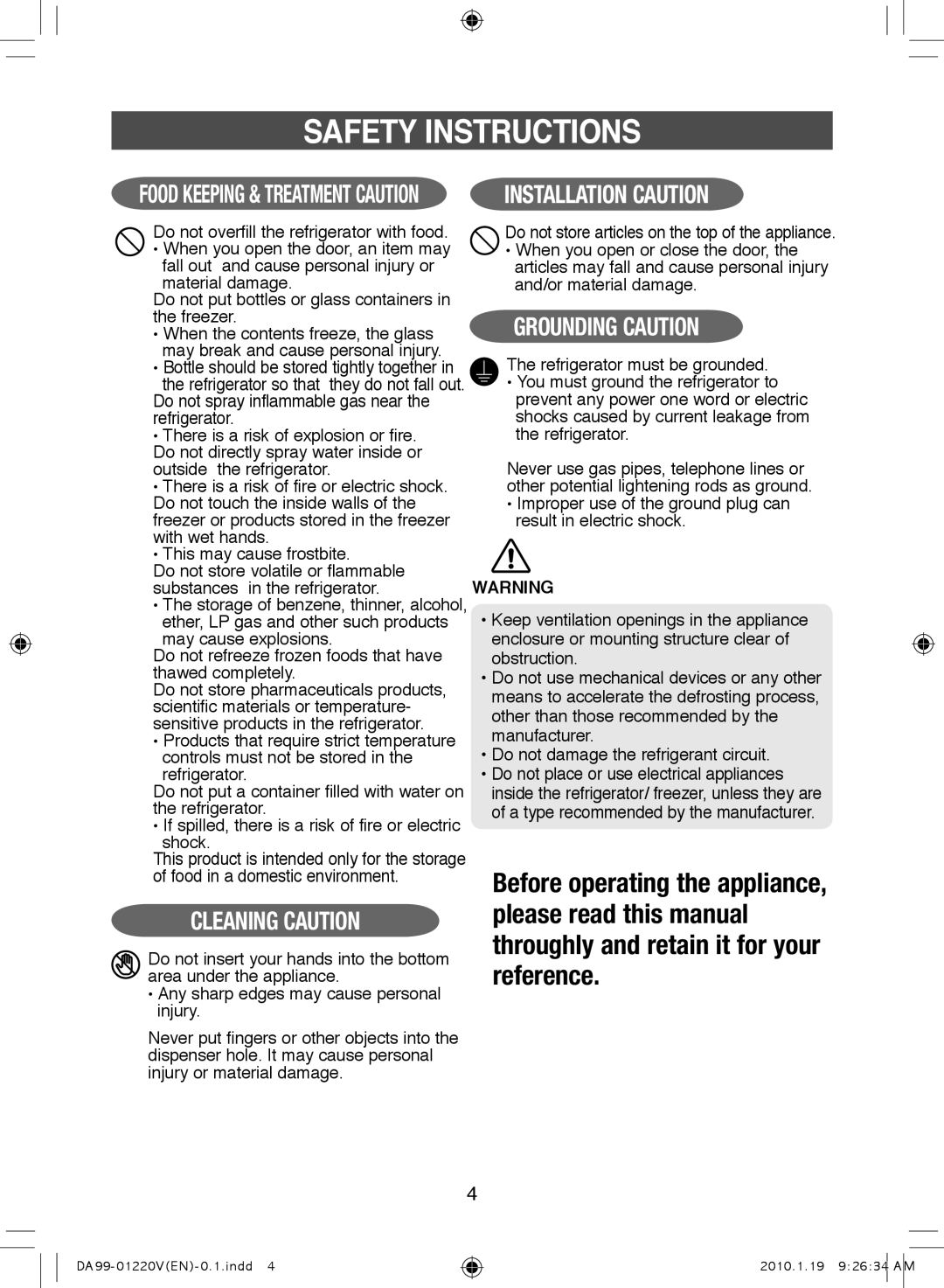 Samsung RL38SBSW1/XEP manual Do not overfill the refrigerator with food, You must ground the refrigerator to, Shock 