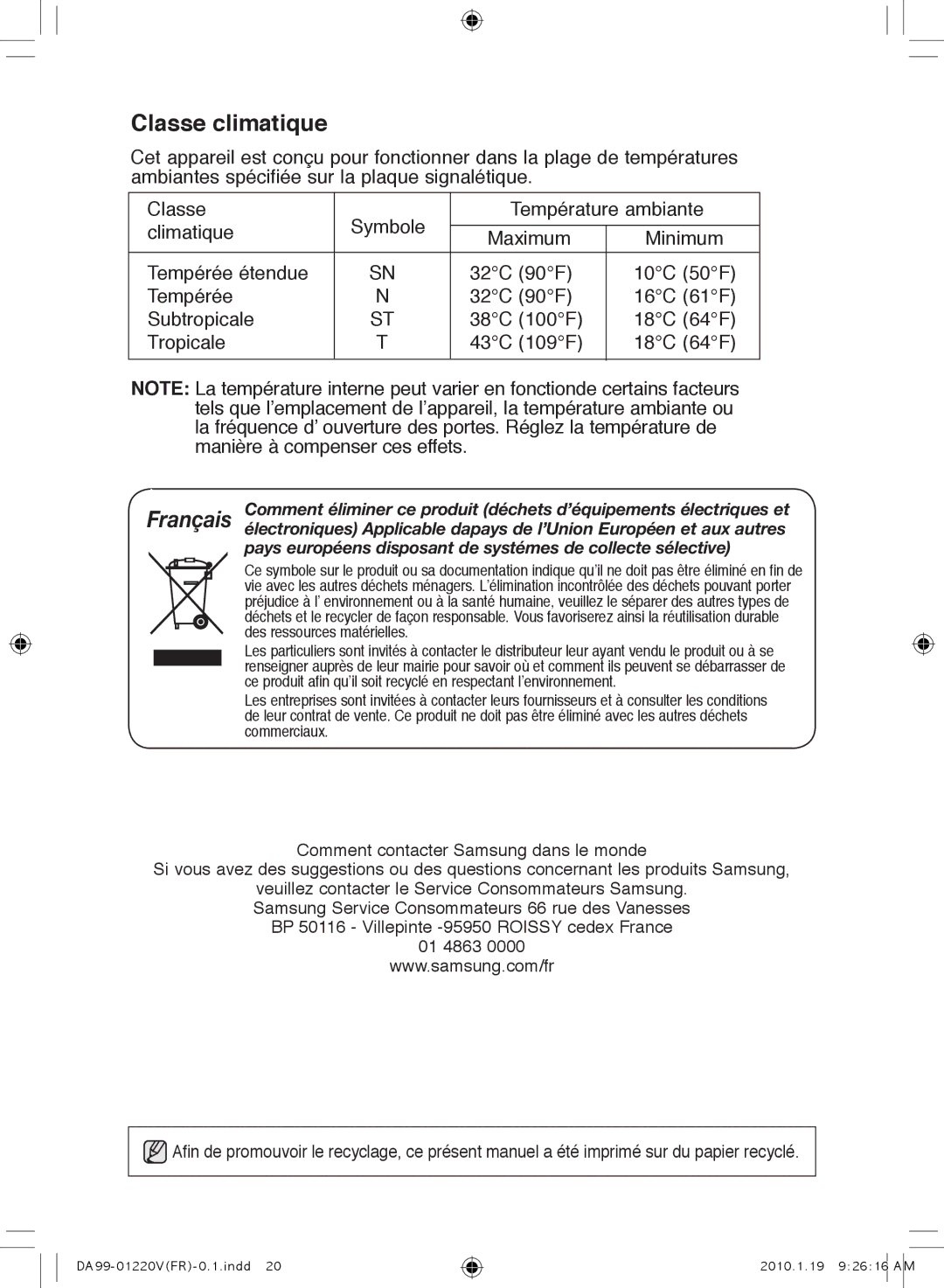 Samsung RL38SBPS1/FAL, RL38SBSW1/XES, RL38SBSW1/FAL, RL38SBPS1/XES, RL38SBSW1/XEP manual Classe climatique 