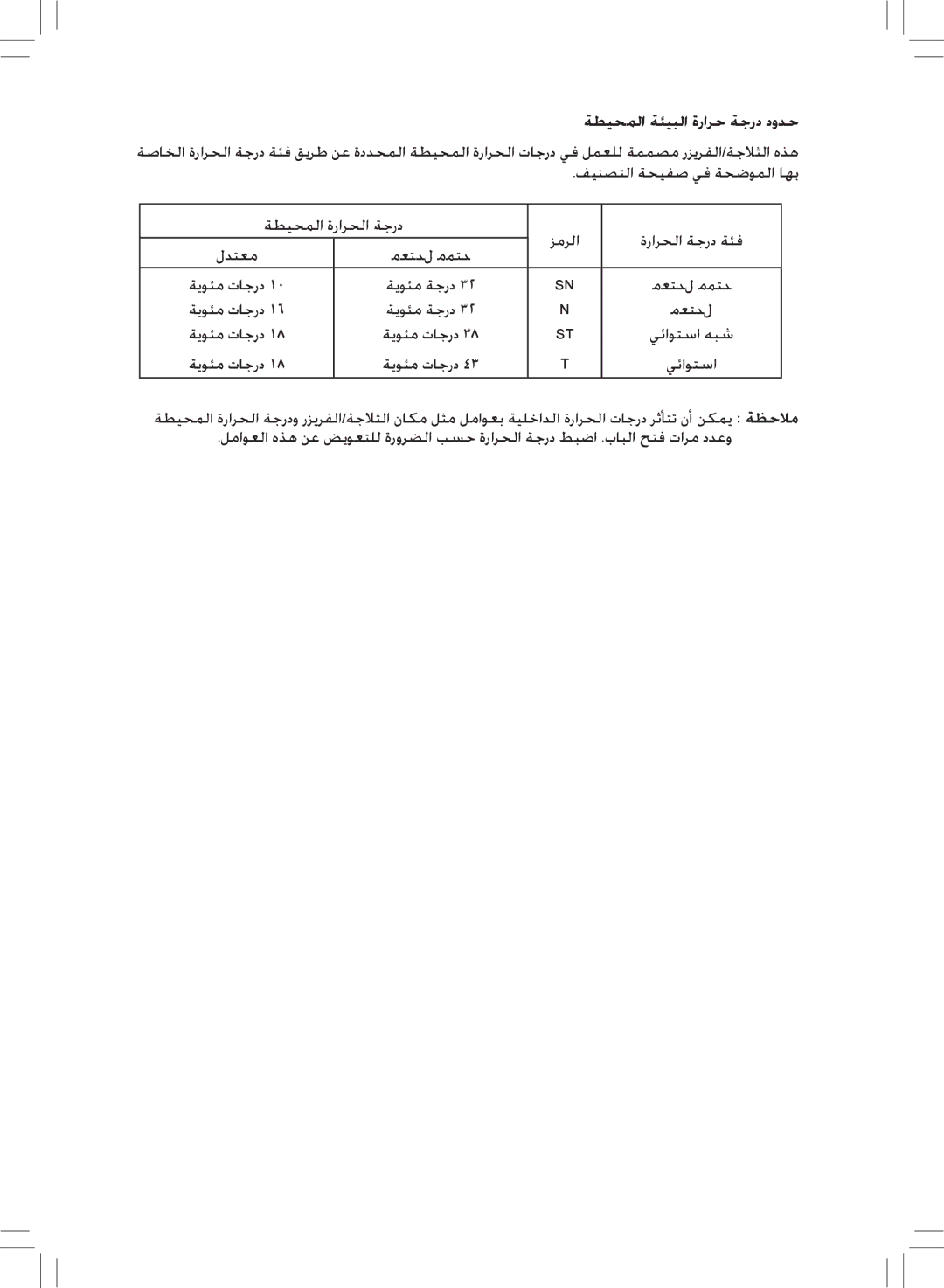 Samsung RL38SBPS1/FAL, RL38SBSW1/XES, RL38SBSW1/FAL ةطيحملا ةئيبلا ةرارح ةجرد دودح, معتدل ممتد, لدتعم, ةيوئم ةجرد معتدل 