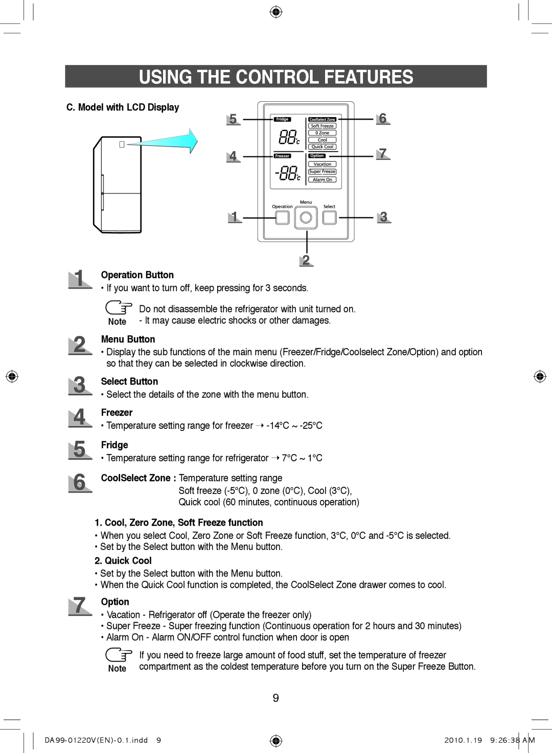 Samsung RL38SBSW1/XEP Model with LCD Display Operation Button, Menu Button, Select Button, Freezer, Fridge, Quick Cool 