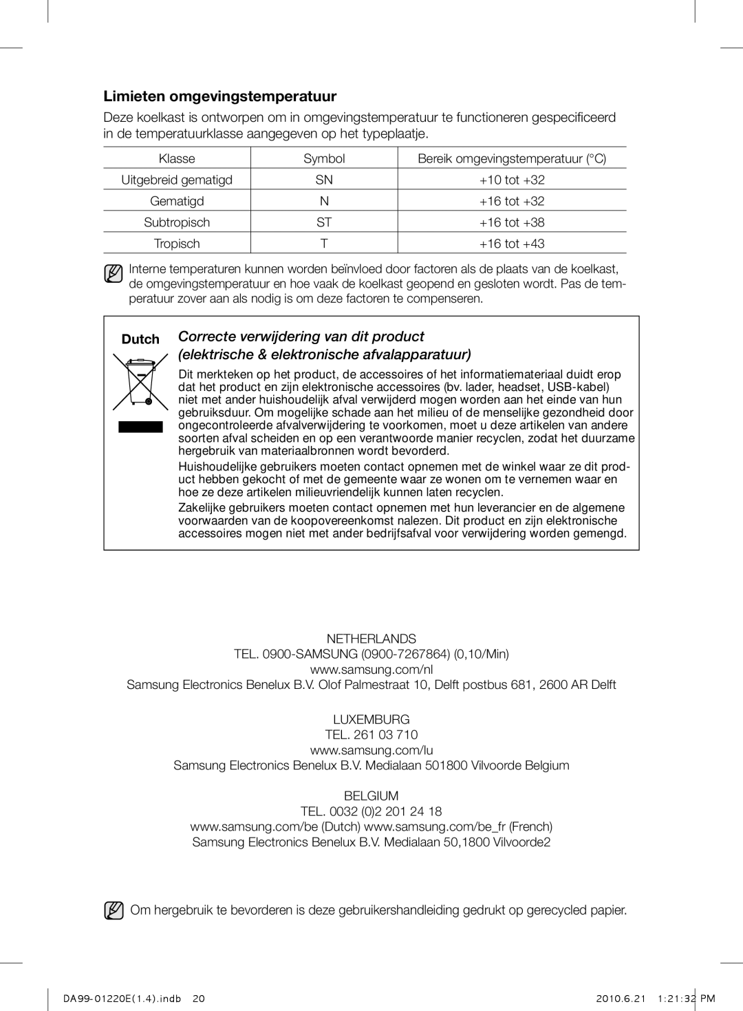 Samsung RL38SBPS1/XEG, RL38SBSW1/XEG, RL38HCIS1/XEN manual Limieten omgevingstemperatuur 