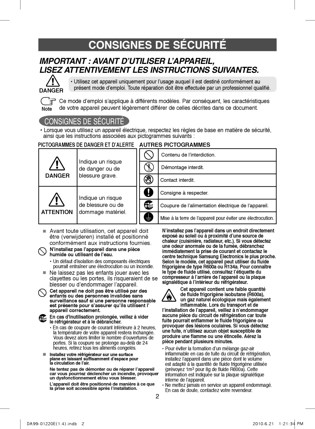 Samsung RL38HCIS1/XEN manual Consignes DE Sécurité, Indique un risque, De danger ou de, Blessure grave, De blessure ou de 