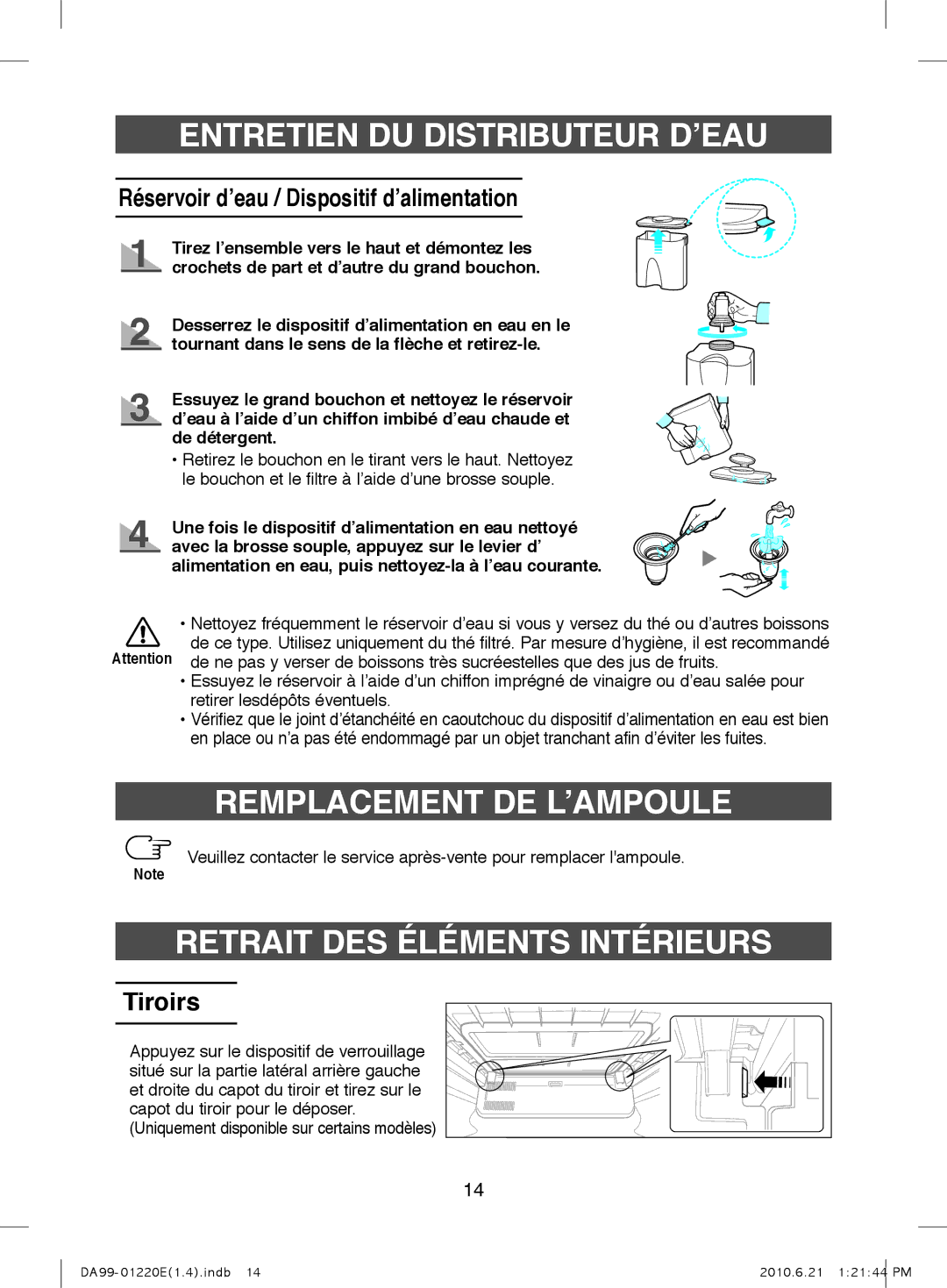 Samsung RL38HCIS1/XEN, RL38SBSW1/XEG, RL38SBPS1/XEG Remplacement DE L’AMPOULE, Retrait DES Éléments Intérieurs, Tiroirs 