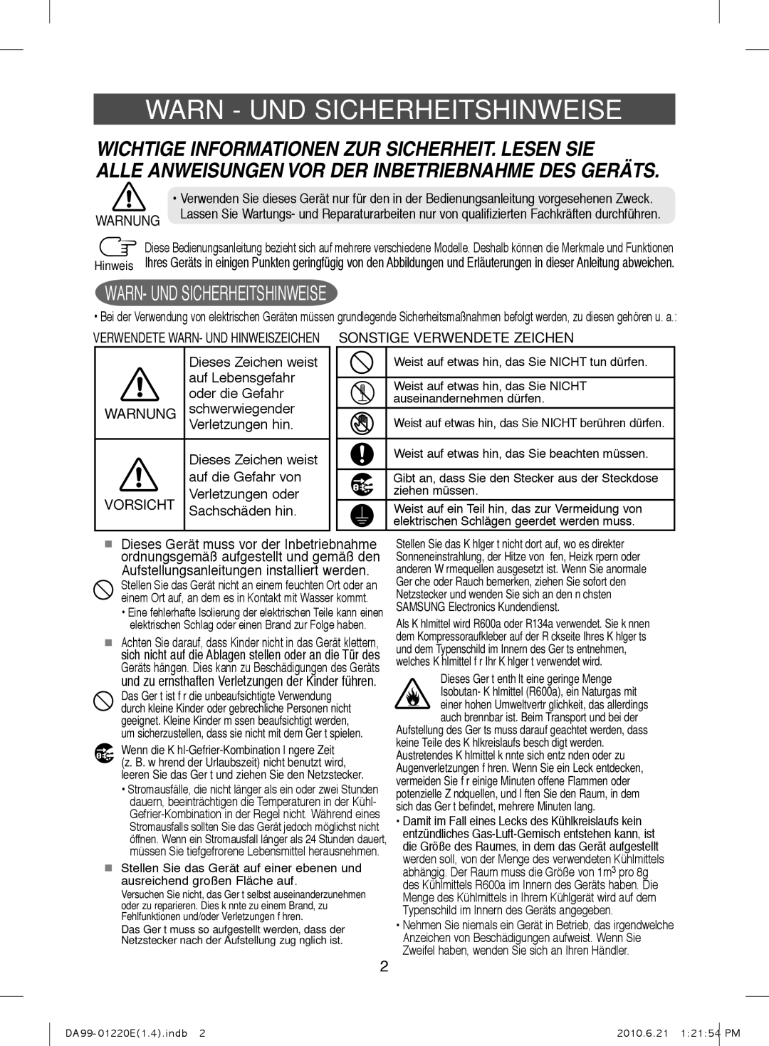 Samsung RL38SBSW1/XEG, RL38HCIS1/XEN, RL38SBPS1/XEG manual Warn UND Sicherheitshinweise 