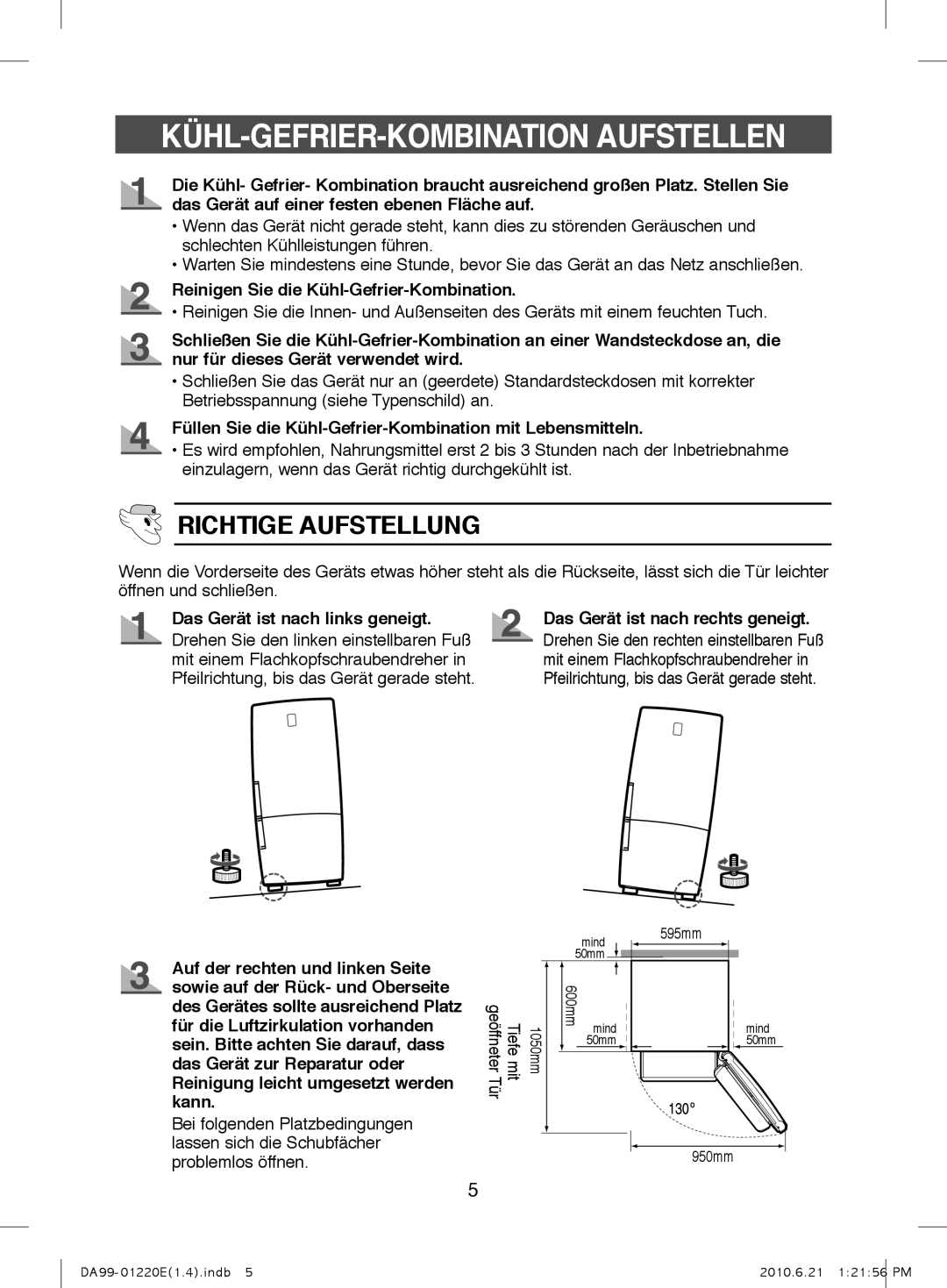 Samsung RL38SBSW1/XEG, RL38HCIS1/XEN, RL38SBPS1/XEG manual KÜHL-GEFRIER-KOMBINATION Aufstellen, Richtige Aufstellung 