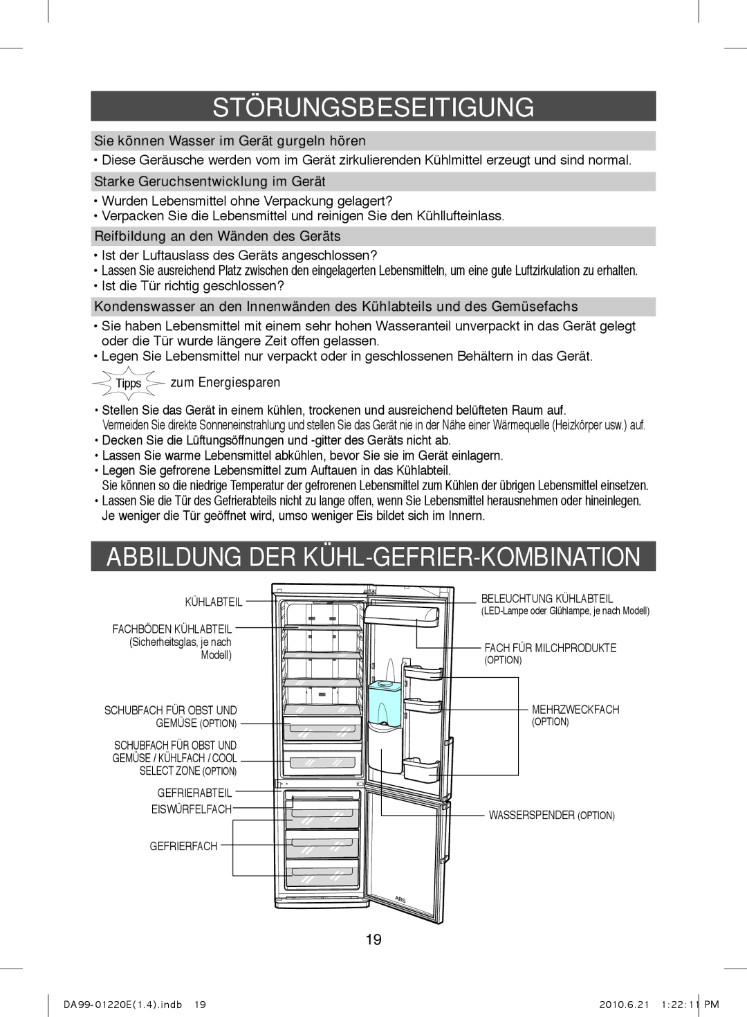 Samsung RL38SBPS1/XEG, RL38SBSW1/XEG manual Abbildung DER KÜHL-GEFRIER-KOMBINATION, Sie können Wasser im Gerät gurgeln hören 