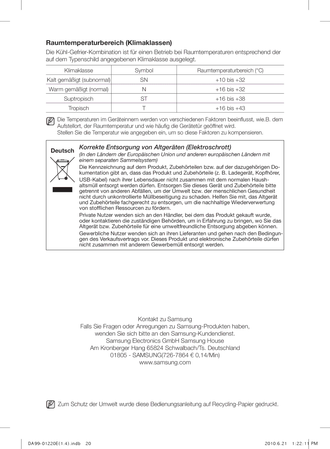 Samsung RL38SBSW1/XEG, RL38HCIS1/XEN, RL38SBPS1/XEG manual Raumtemperaturbereich Klimaklassen 