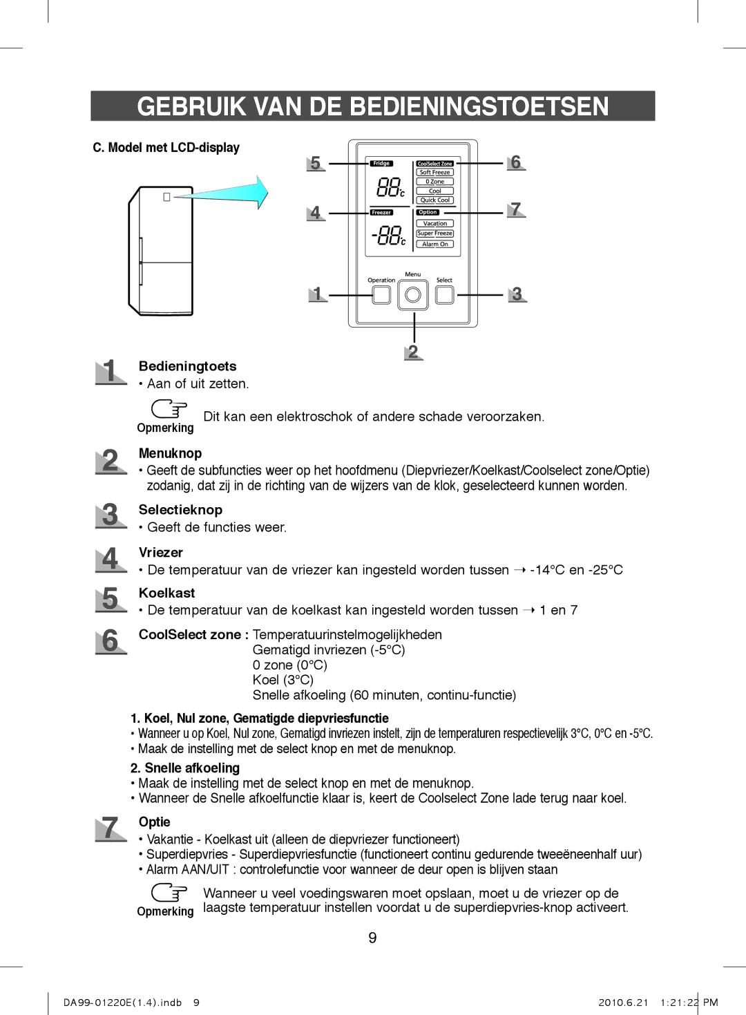 Samsung RL38SBSW1/XEG Model met LCD-display Bedieningtoets, Menuknop, Selectieknop, Vriezer, Koelkast, Snelle afkoeling 