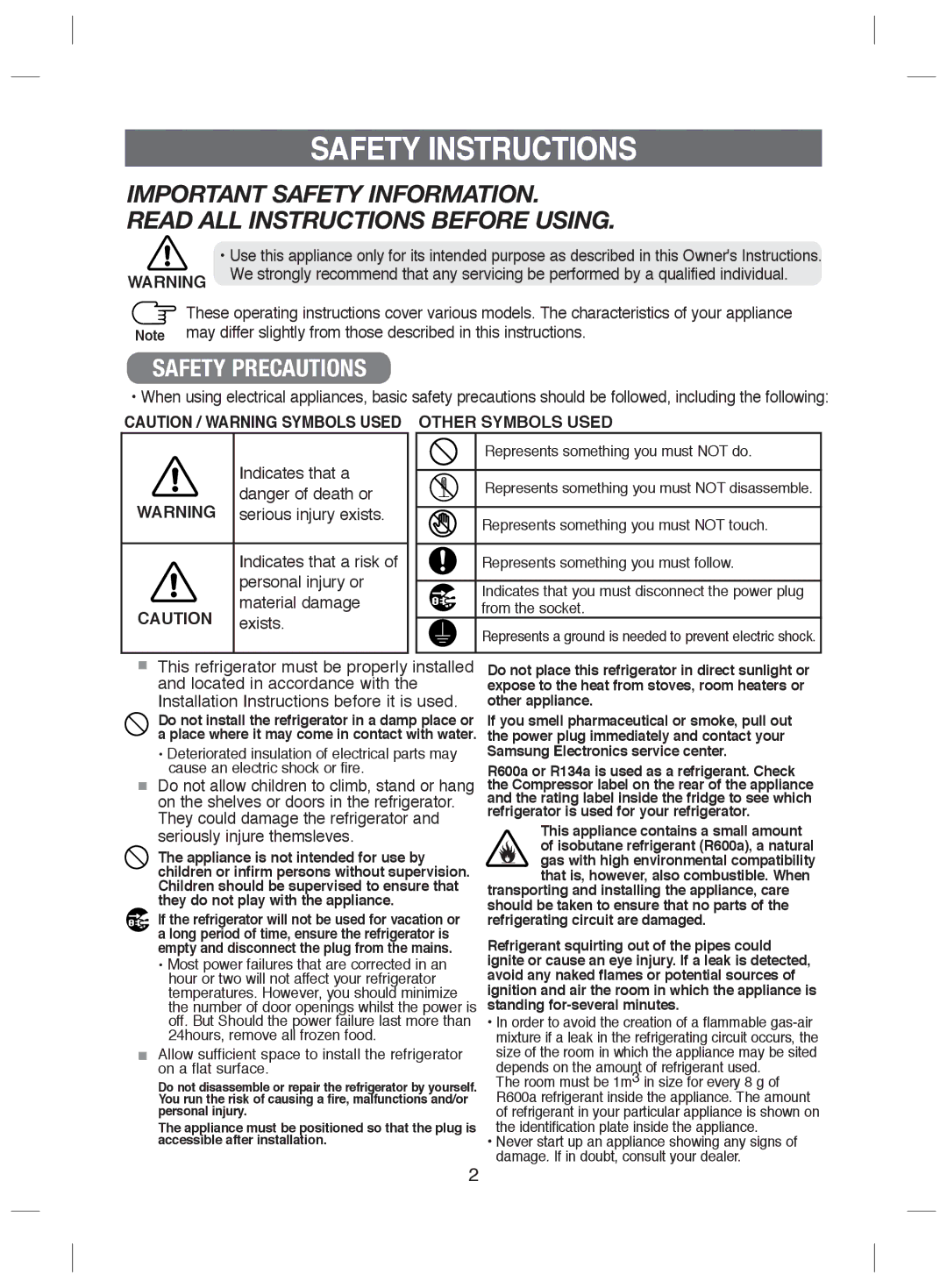 Samsung RL41WGPS1/XEG, RL38SBSW1/XEG, RL41WGTB1/XEG manual Safety Instructions, Personal injury or Material damage Exists 