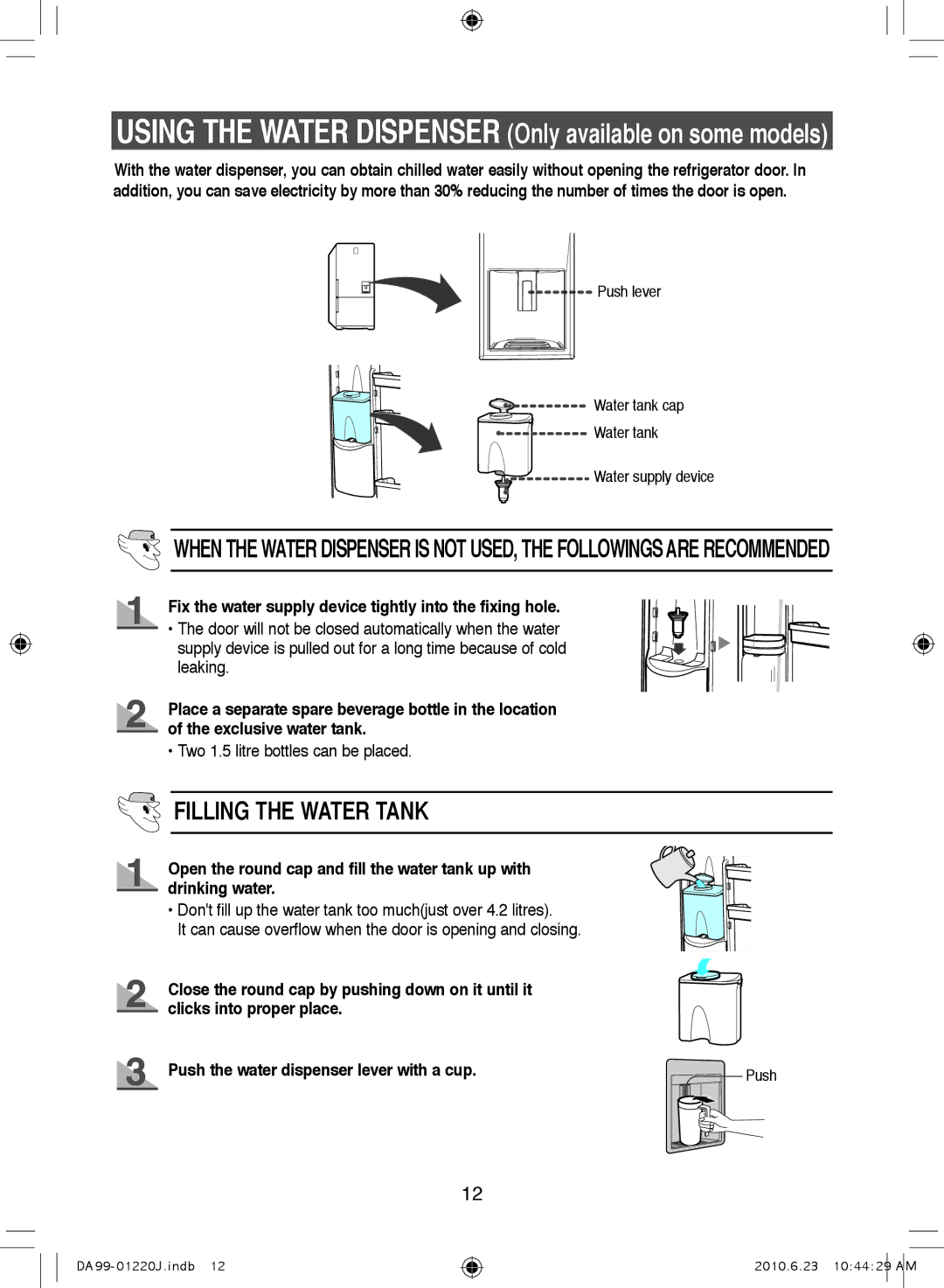 Samsung RL44PCIH1/XEH, RL38SBSW1/XET manual Filling the Water Tank, Fix the water supply device tightly into the fixing hole 