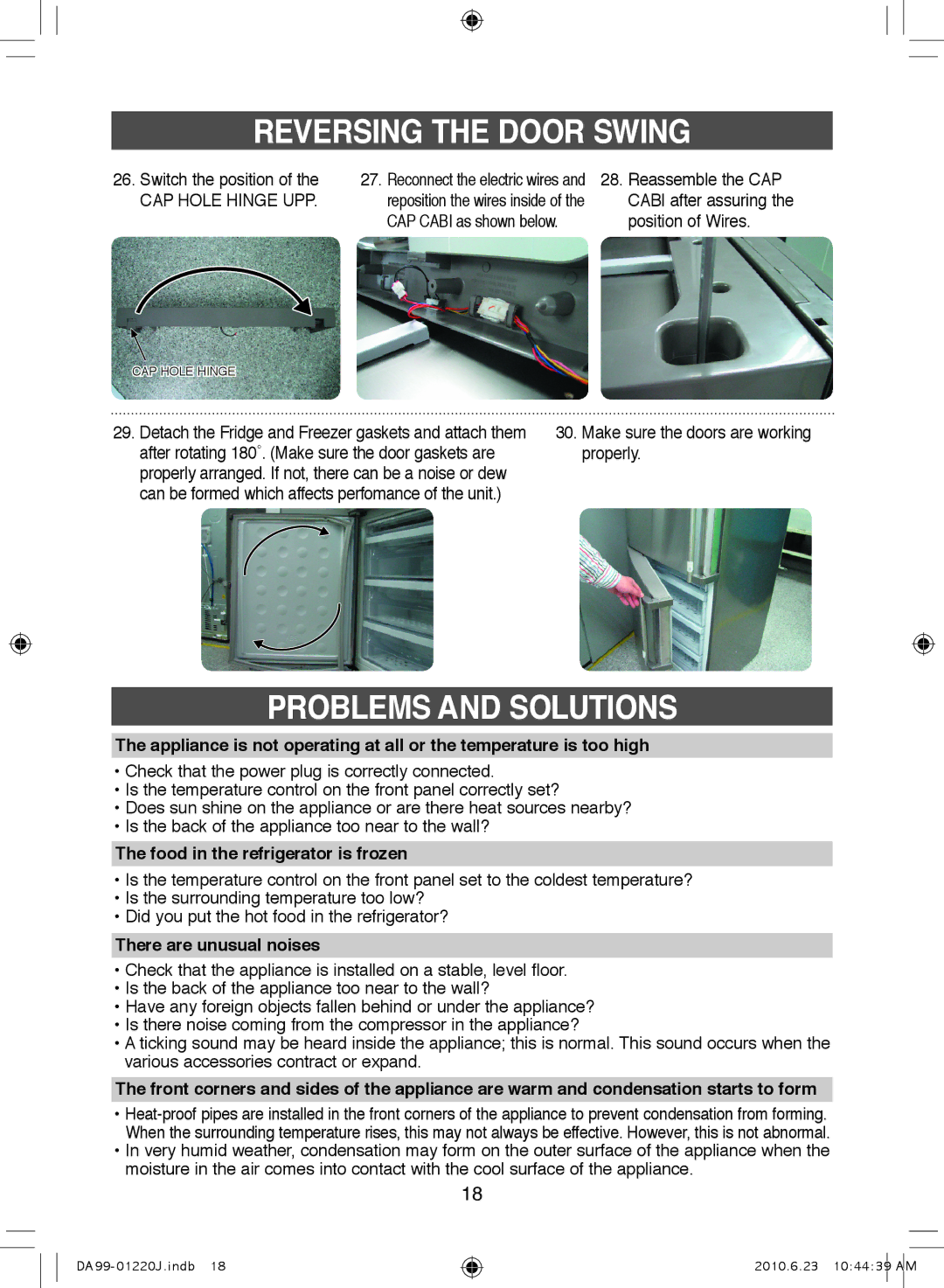 Samsung RL41WCSW1/XEH Problems and Solutions, CAP Hole Hinge UPP, Position of Wires, Food in the refrigerator is frozen 