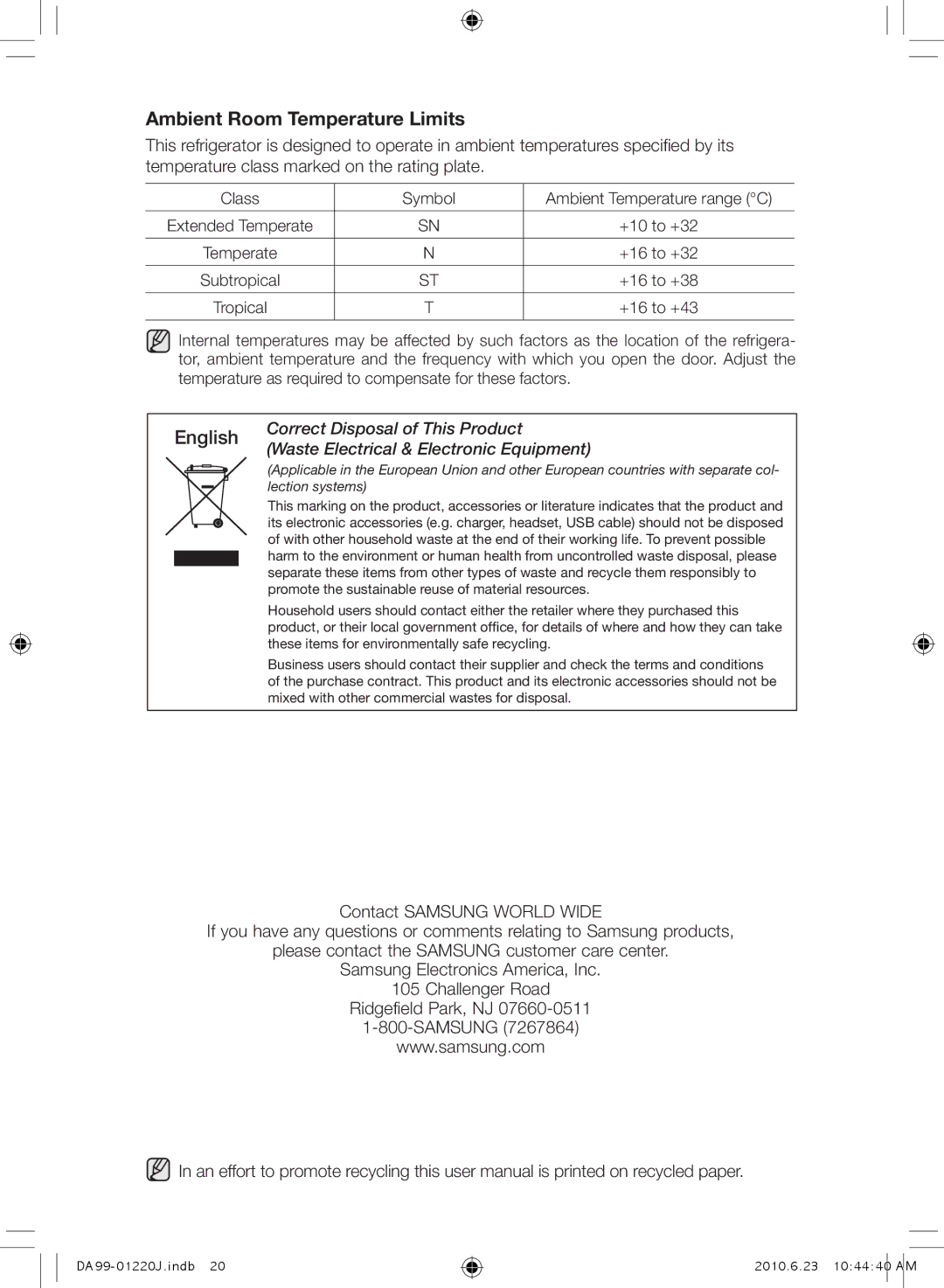 Samsung RL38HCIH1/XEO, RL38SBSW1/XET, RL41SBSW1/XES, RL41WCSW1/BUL, RL41WCPS1/BUL manual Ambient Room Temperature Limits 