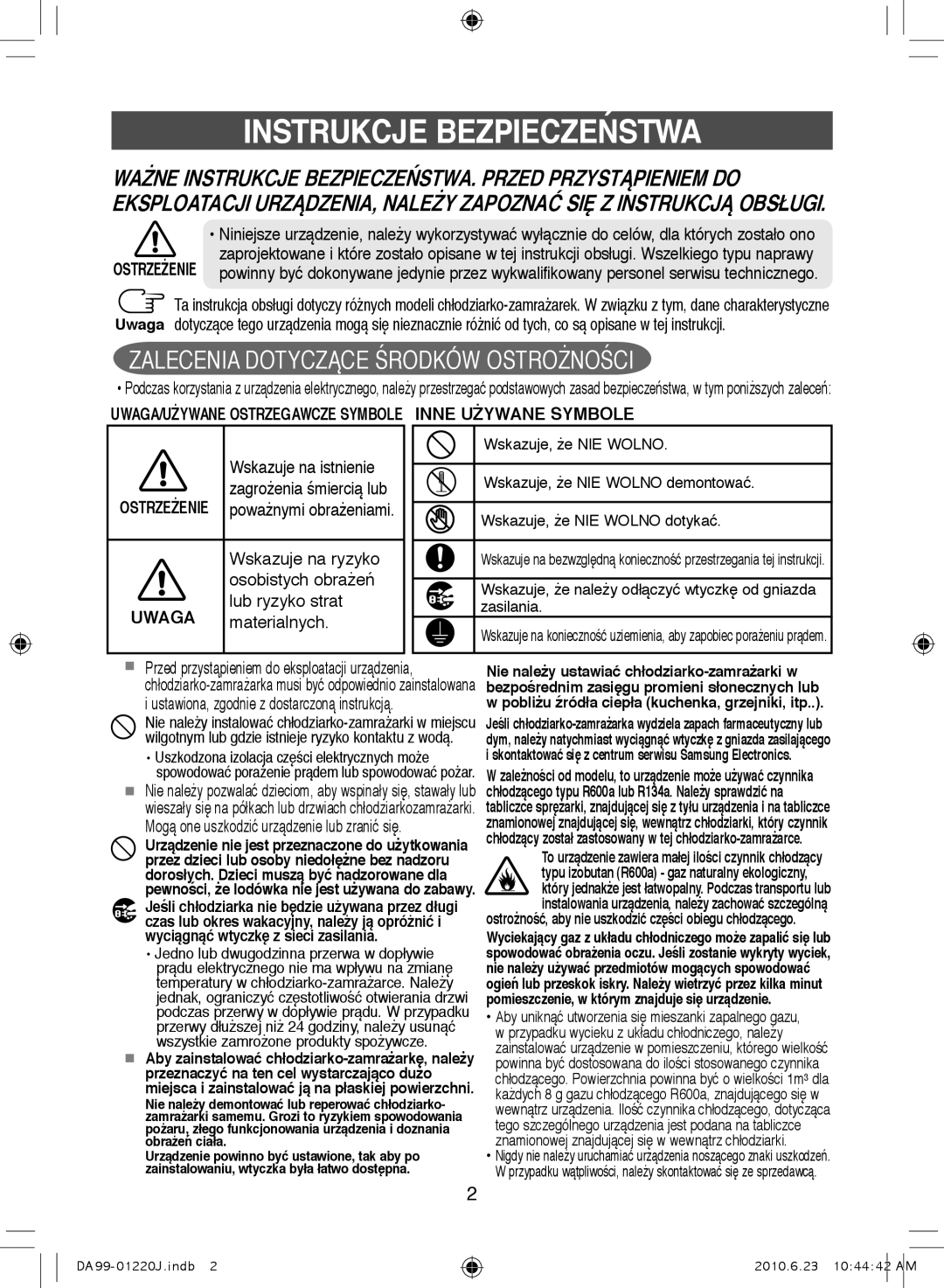 Samsung RL38SBSW1/XEN Instrukcje Bezpieczeństwa, Wskazuje na ryzyko, Osobistych obrażeń, Lub ryzyko strat, Materialnych 