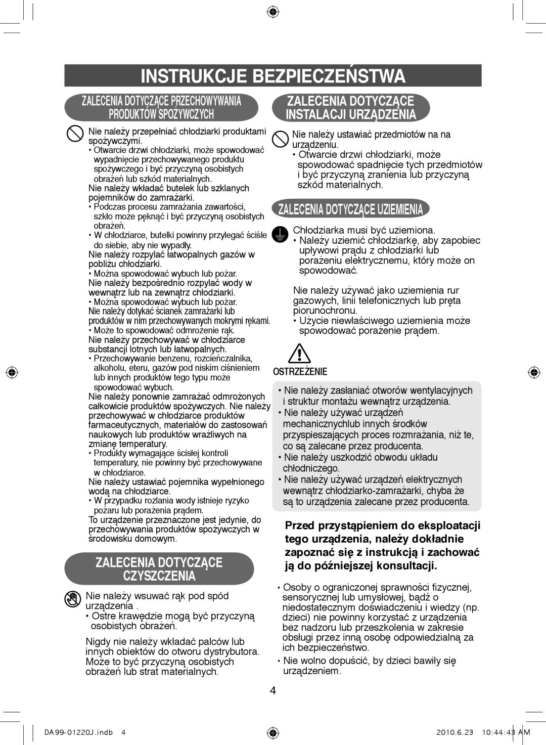 Samsung RL41SBSW1/XES, RL38SBSW1/XET manual Nie należy przepełniać chłodziarki produktami spożywczymi, Spowodować wybuch 