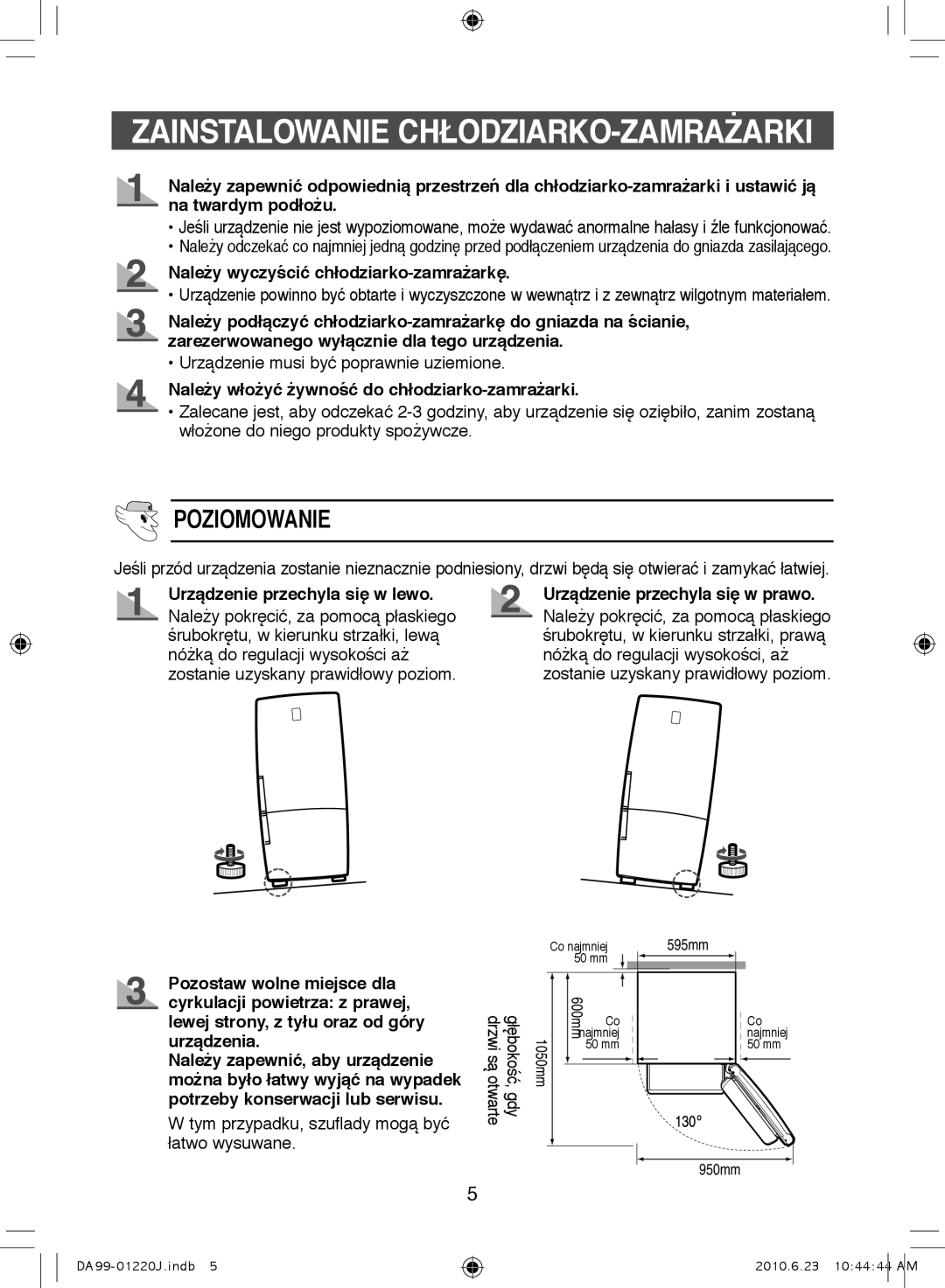 Samsung RL41WCSW1/BUL, RL38SBSW1/XET, RL41SBSW1/XES, RL41WCPS1/BUL manual Zainstalowanie CHŁODZIARKO-ZAMRAŻARKI, Poziomowanie 