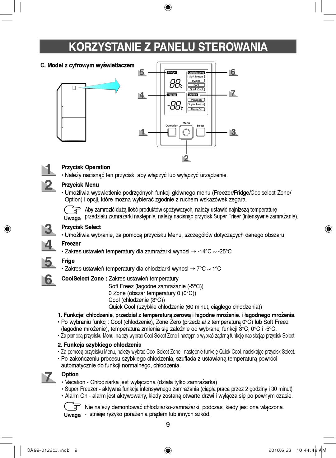 Samsung RL41SBSW1/XEH manual Model z cyfrowym wyświetlaczem Przycisk Operation, Przycisk Menu, Przycisk Select, Frige 