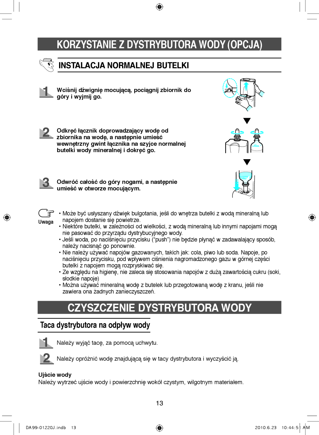 Samsung RL38HCBP1/XEH manual Czyszczenie Dystrybutora Wody, Instalacja Normalnej Butelki, Taca dystrybutora na odpływ wody 