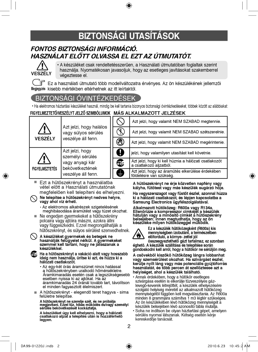 Samsung RL41WCIH1/XEH, RL38SBSW1/XET Biztonsági Utasítások, Végeztesse el, Azt jelzi, hogy halálos Vagy súlyos sérülés 