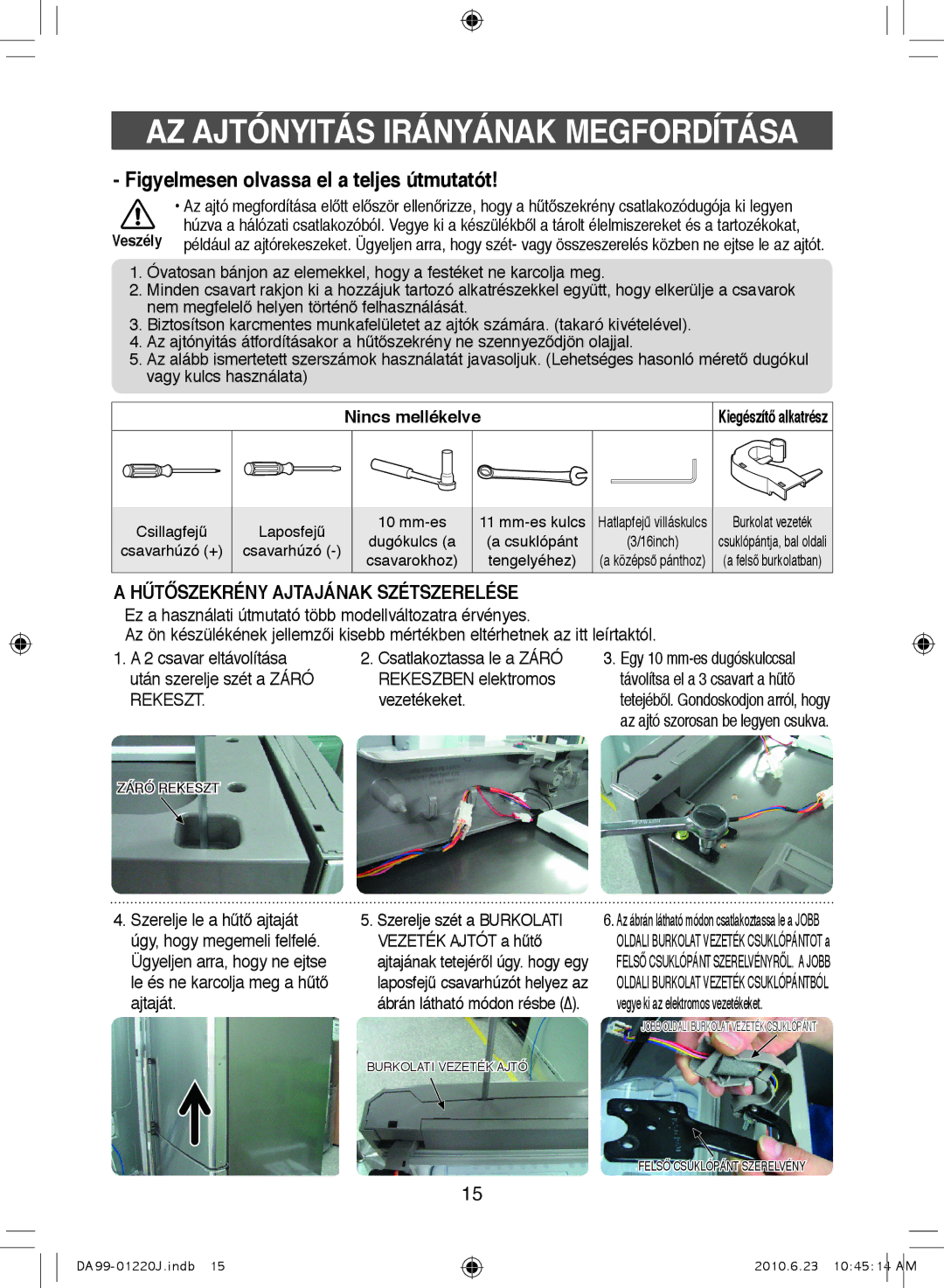 Samsung RL41ECPS1/XEH manual AZ Ajtónyitás Irányának Megfordítása, Hűtőszekrény Ajtajának Szétszerelése, Nincs mellékelve 