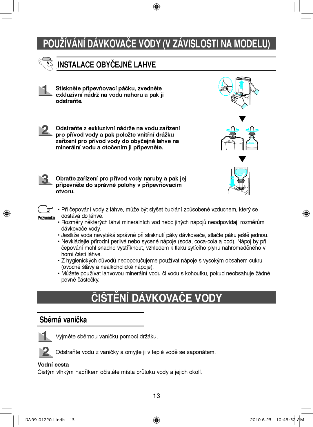 Samsung RL41ECPS1/BUL, RL38SBSW1/XET manual Čištění Dávkovače Vody, Instalace Obyčejné Lahve, Sběrná vanička, Vodní cesta 