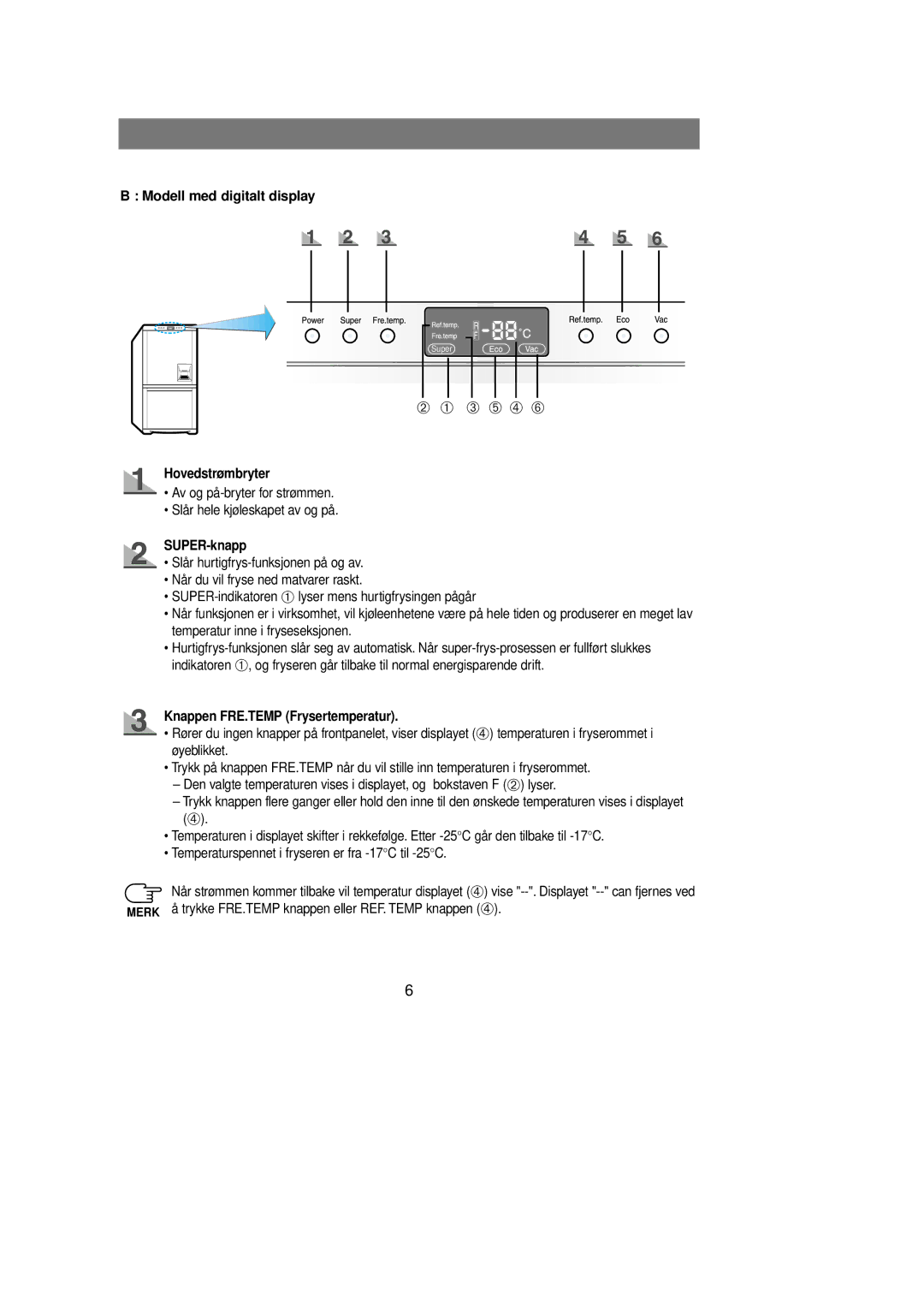 Samsung RL39EBSM1/XEE manual Modell med digitalt display, Hovedstrømbryter, SUPER-knapp, Knappen FRE.TEMP Frysertemperatur 