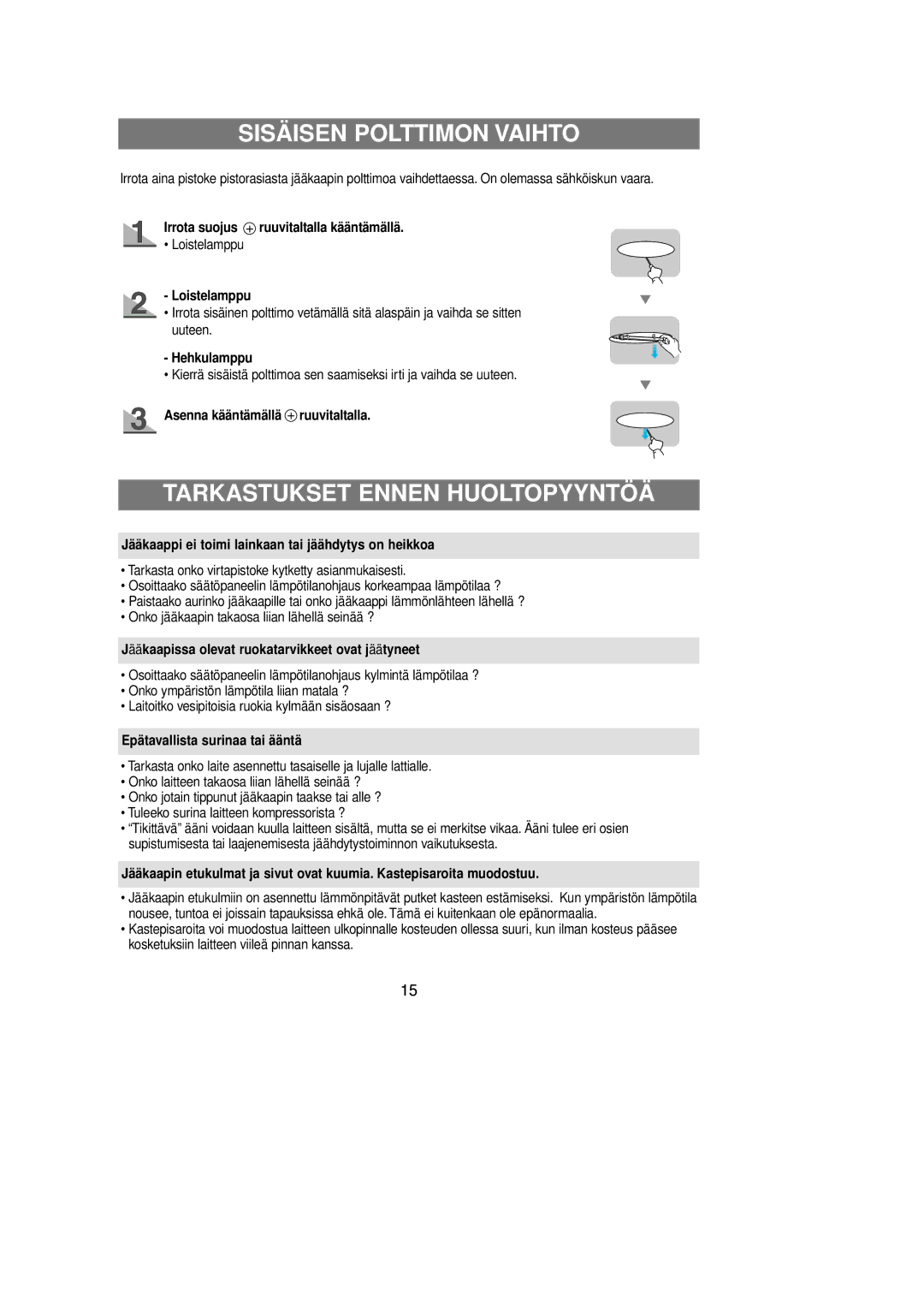 Samsung RL39EBSM1/XEE, RL39EBSW1/XEE, RL39WBSM1/XEE manual Sisäisen Polttimon Vaihto, Tarkastukset Ennen Huoltopyyntöä 