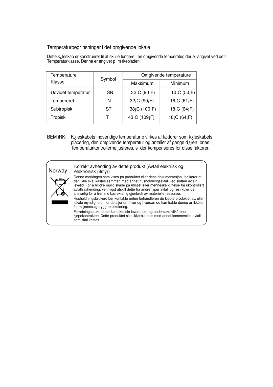 Samsung RL39EBSM1/XEE, RL39EBSW1/XEE, RL39WBSM1/XEE manual Temperaturbegrænsninger i det omgivende lokale 