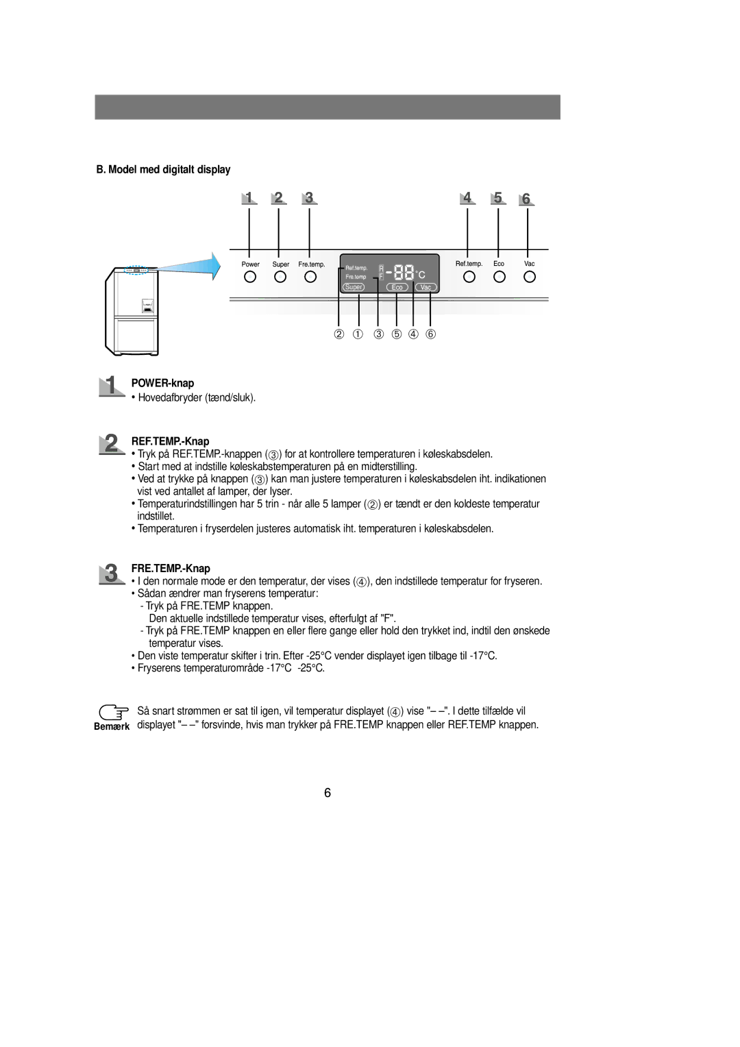 Samsung RL39EBSM1/XEE, RL39EBSW1/XEE, RL39WBSM1/XEE Model med digitalt display, POWER-knap, REF.TEMP.-Knap, FRE.TEMP.-Knap 