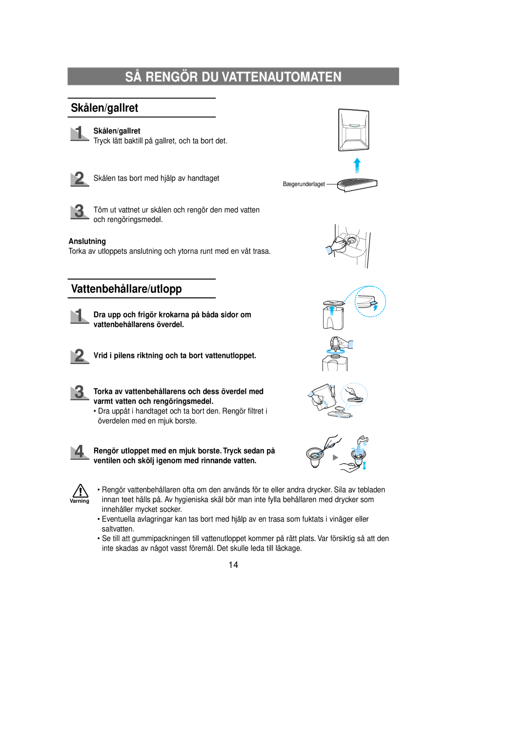 Samsung RL39EBSW1/XEE, RL39EBSM1/XEE, RL39WBSM1/XEE manual SÅ Rengör DU Vattenautomaten, Skålen/gallret, Anslutning 