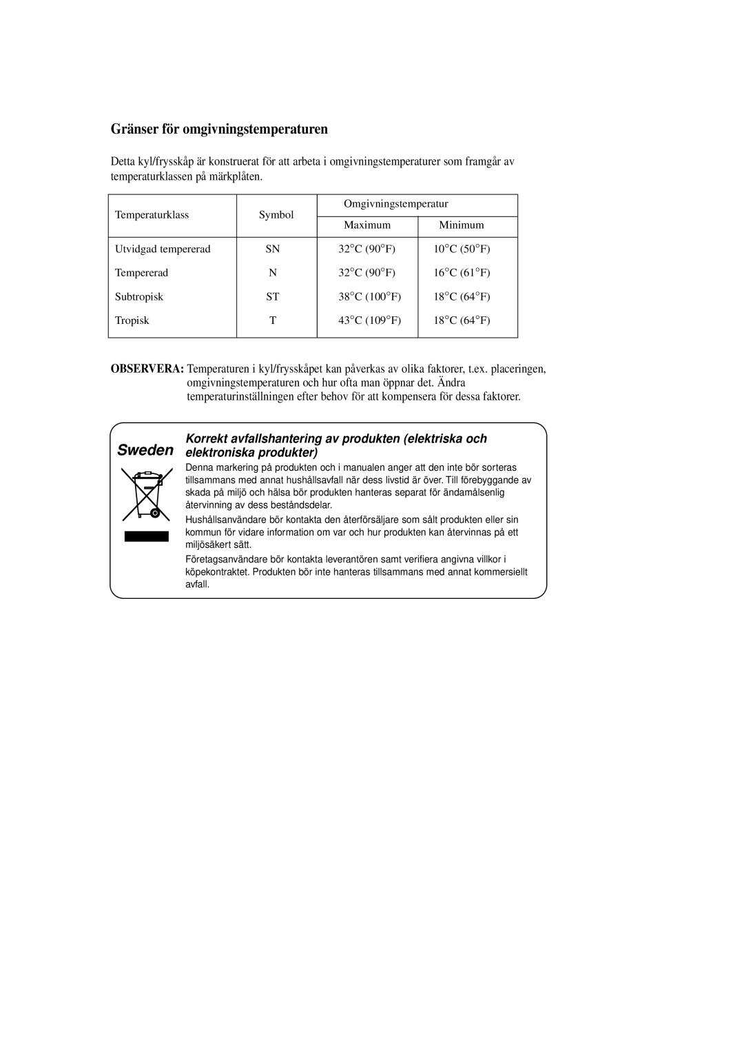 Samsung RL39EBSM1/XEE, RL39EBSW1/XEE, RL39WBSM1/XEE manual Gränser för omgivningstemperaturen 