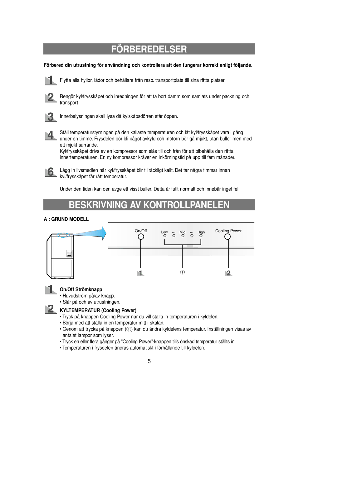 Samsung RL39EBSW1/XEE, RL39EBSM1/XEE, RL39WBSM1/XEE manual Grund Modell, On/Off Strömknapp, Kyltemperatur Cooling Power 