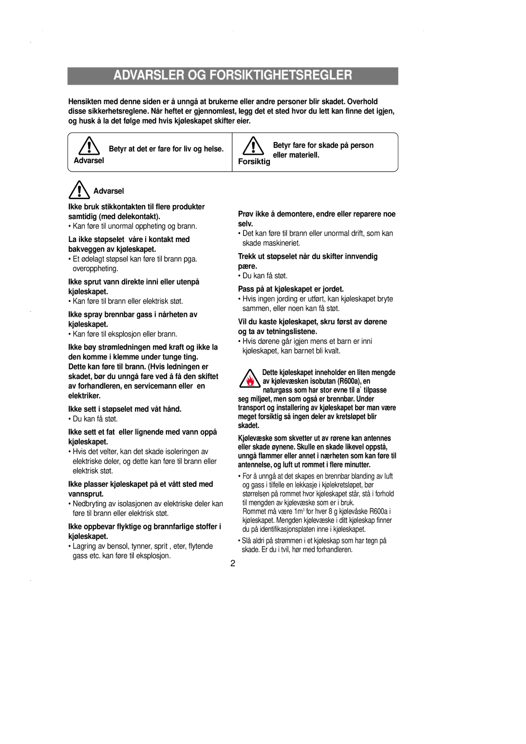 Samsung RL36EBSW1/XEE, RL39EBSW1/XEE, RL39WBMS1/XEE, RL36EBSM1/XEE, RL39WBSW1/XEE manual Advarsler OG Forsiktighetsregler 