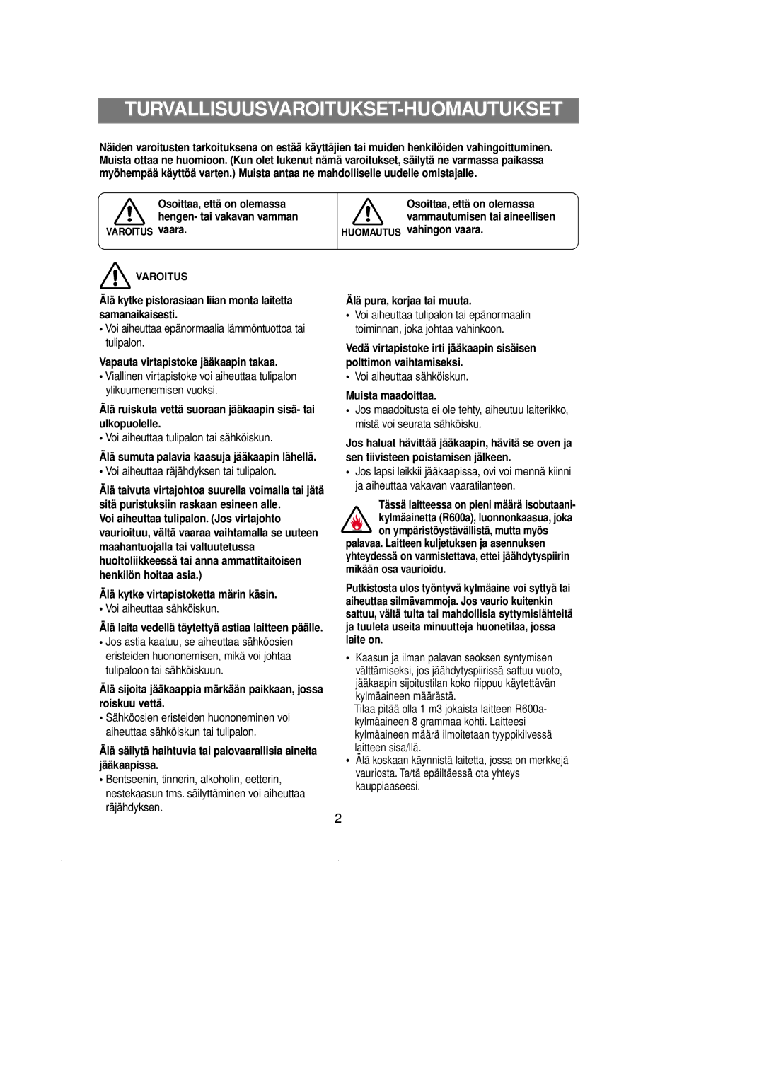 Samsung RL36EBSW1/XEE, RL39EBSW1/XEE, RL39WBMS1/XEE, RL36EBSM1/XEE, RL39WBSW1/XEE manual Turvallisuusvaroitukset-Huomautukset 