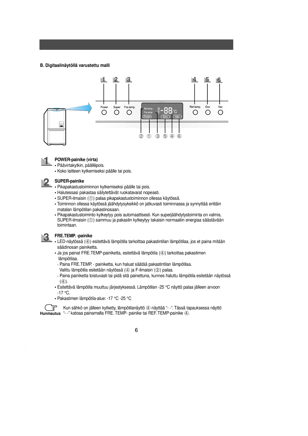 Samsung RL39EBSW1/XEE manual Digitaalinäytöllä varustettu malli, POWER-painike virta, SUPER-painike, FRE.TEMP. -painike 