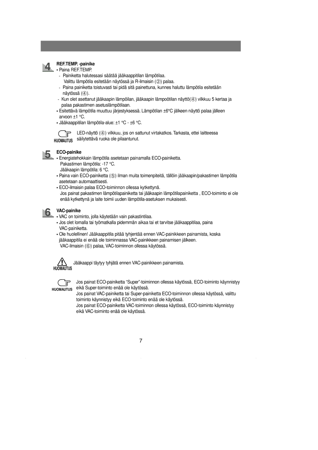 Samsung RL39WBMS1/XEE, RL39EBSW1/XEE, RL36EBSM1/XEE manual REF.TEMP. -painike, Paina REF.TEMP, ECO-painike, VAC-painike 