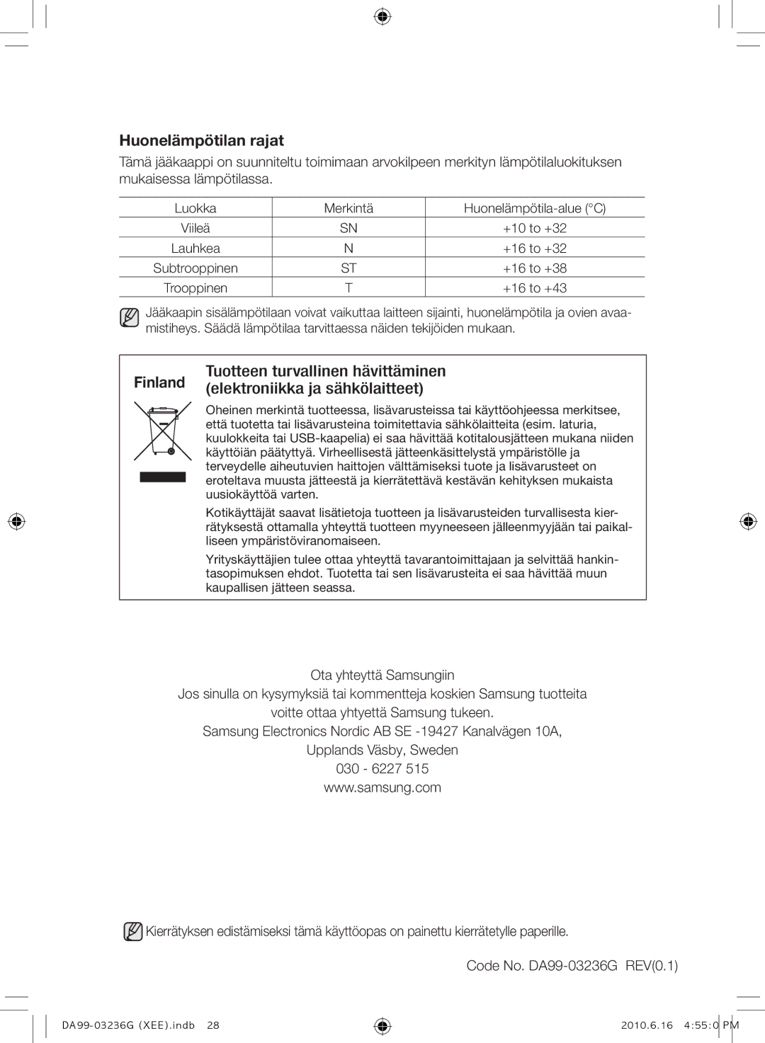 Samsung RL39TGCIH1/XEF, RL39TGCSW1/XEF manual Tuotteen turvallinen hävittäminen, Elektroniikka ja sähkölaitteet, Finland 